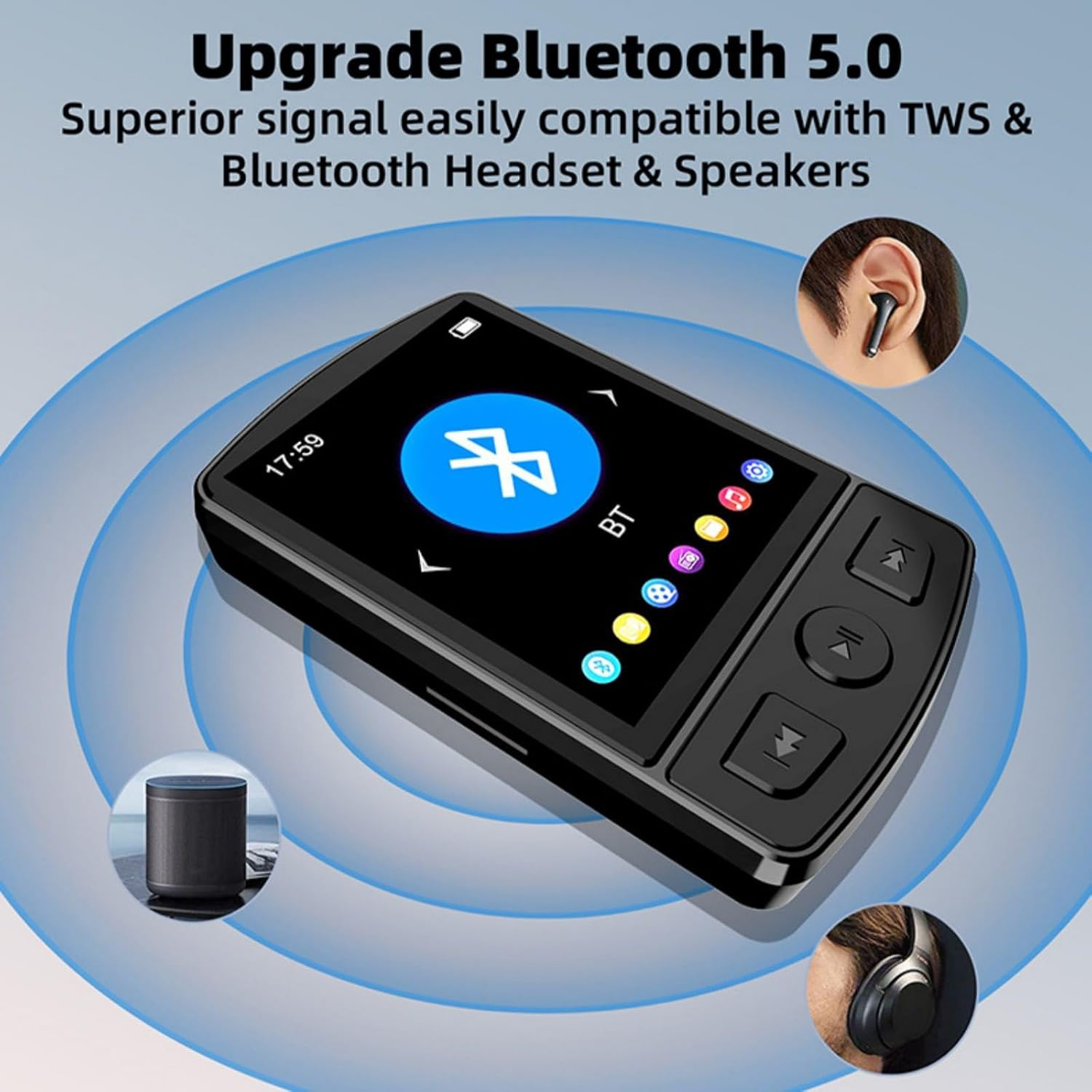 Czarny odtwarzacz MP3 z ekranem, na którym widać logo Bluetooth i kilka przycisków.