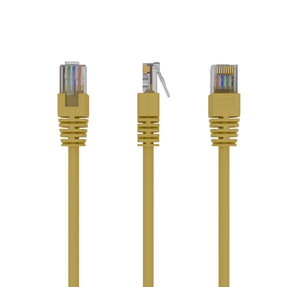 Tre cavi Ethernet gialli con connettori RJ45, isolati su sfondo bianco, diverse angolazioni.