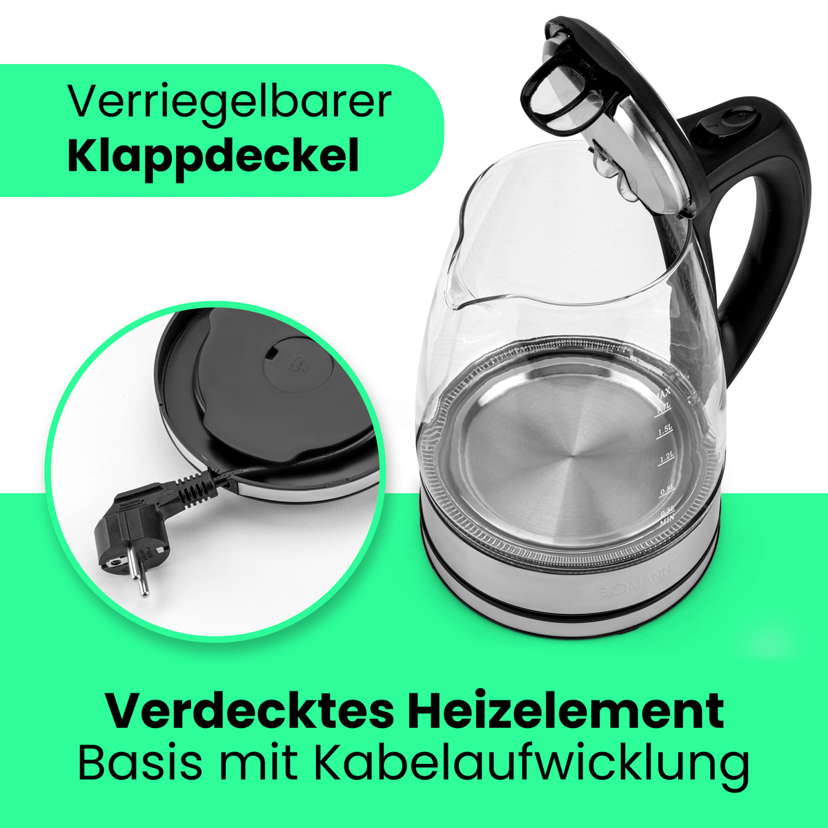 Przezroczysty, szklany czajnik elektryczny z czarną podstawą i uchwytem. Pokrywa jest otwarta.