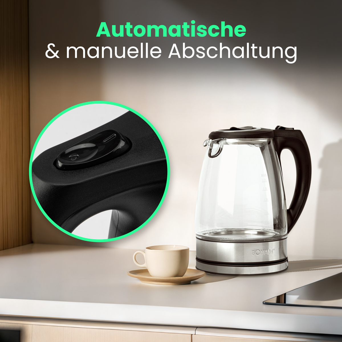 Nowoczesny czajnik elektryczny z czarnym uchwytem i filiżanka kawy na spodku.