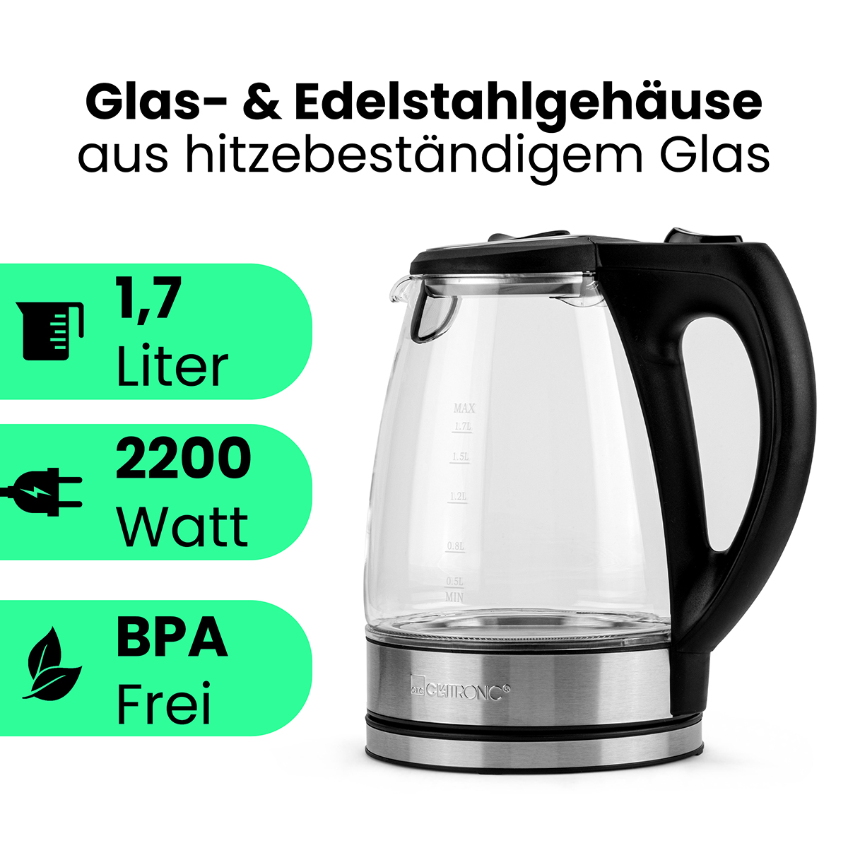 Szklany i nierdzewny czajnik elektryczny z etykietami pojemności, mocy i bez BPA.