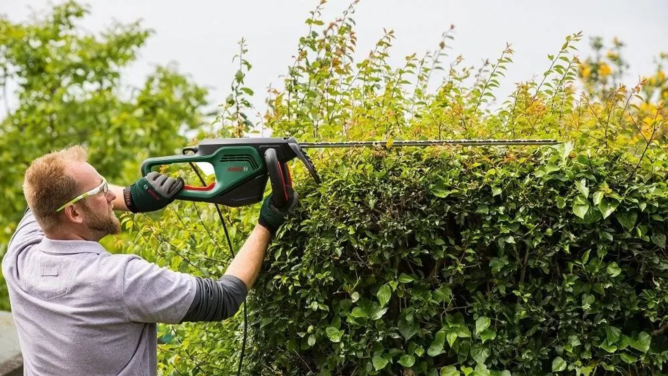 Ein Mann schneidet draußen mit einer Heckenschere eine grüne Hecke.