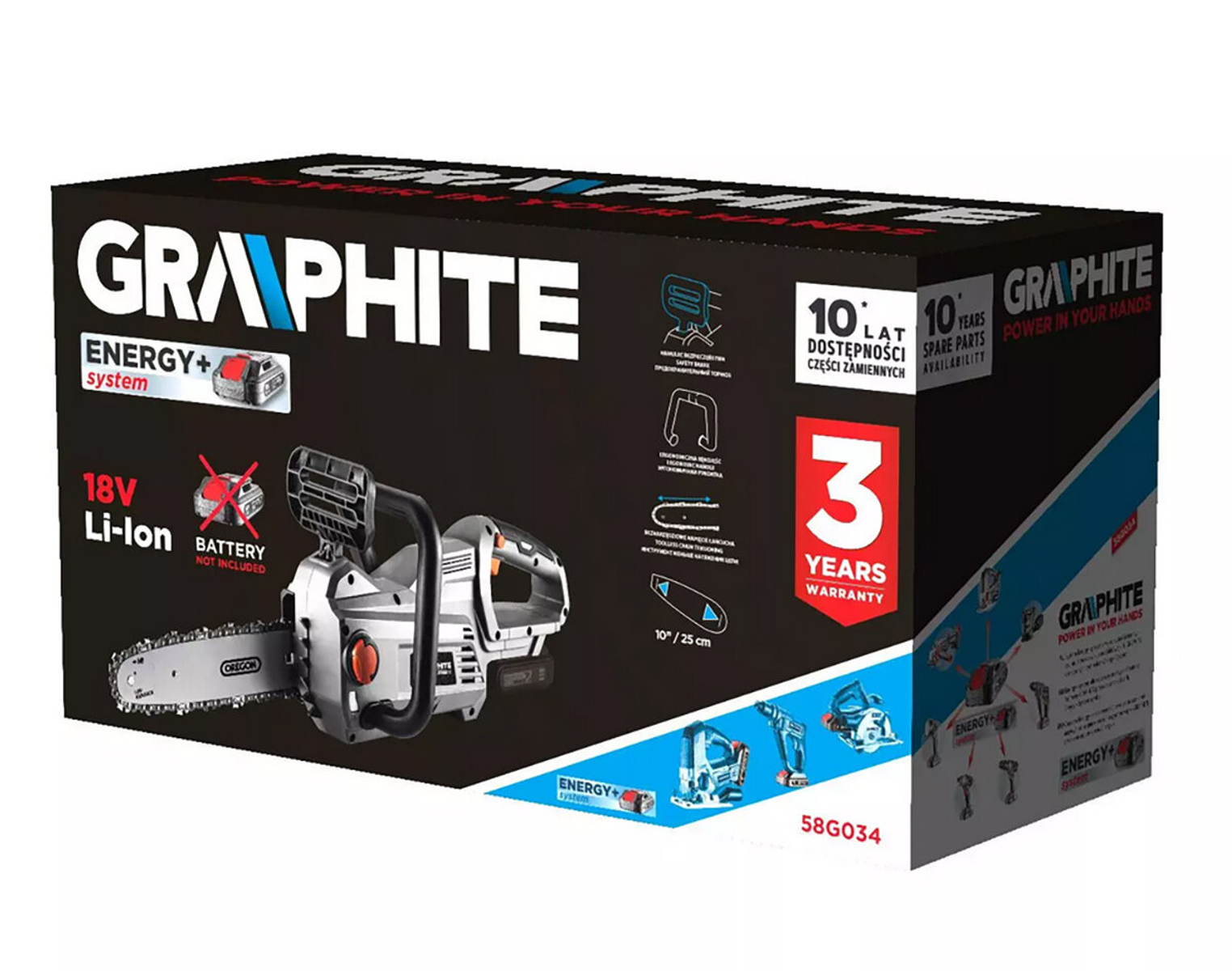 Ein Karton für eine Graphit-Kettensäge mit Produkt und Eigenschaften.