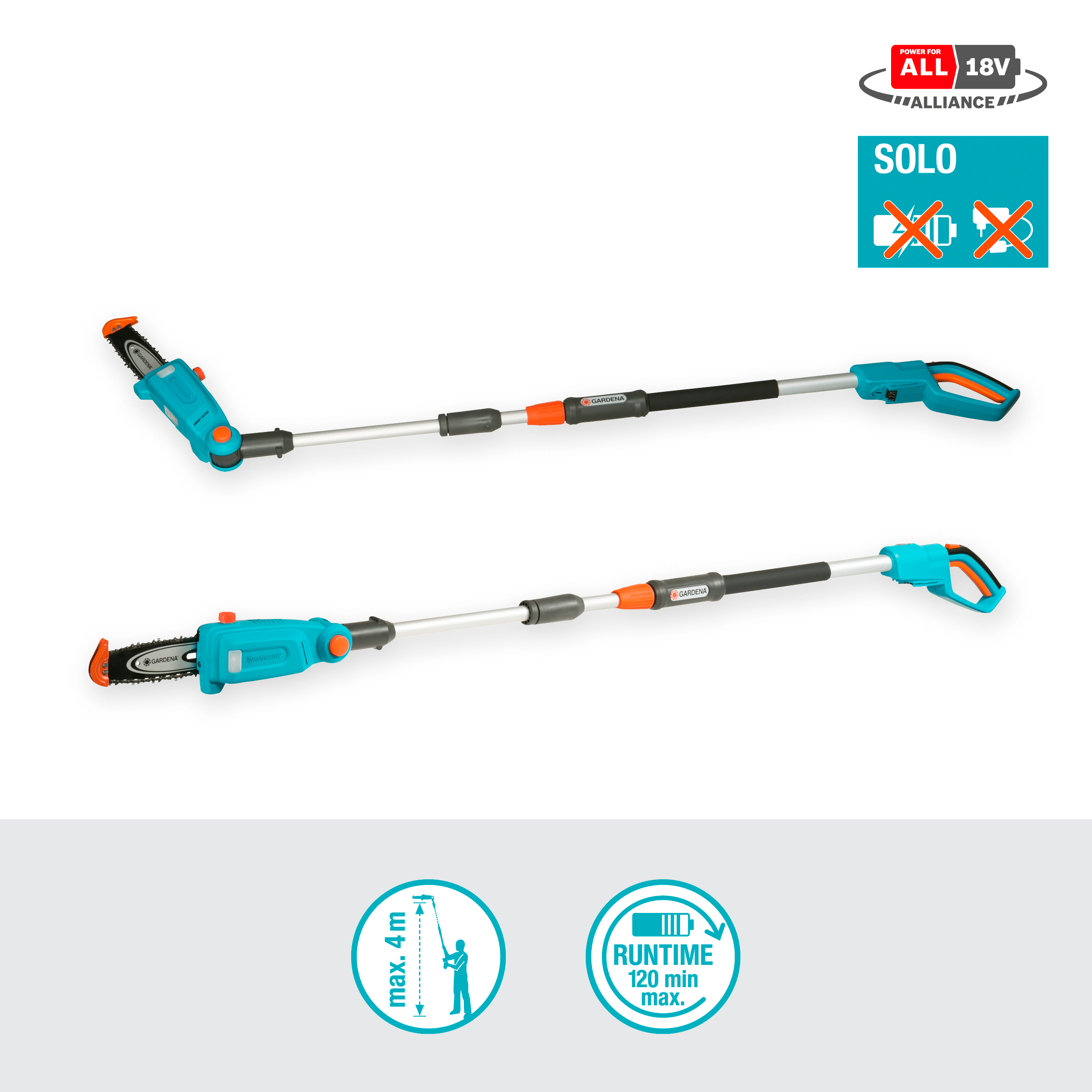 Zwei teal- und orangefarbene Stangensägen, eine montiert, eine nicht. 18V Batteriebild.