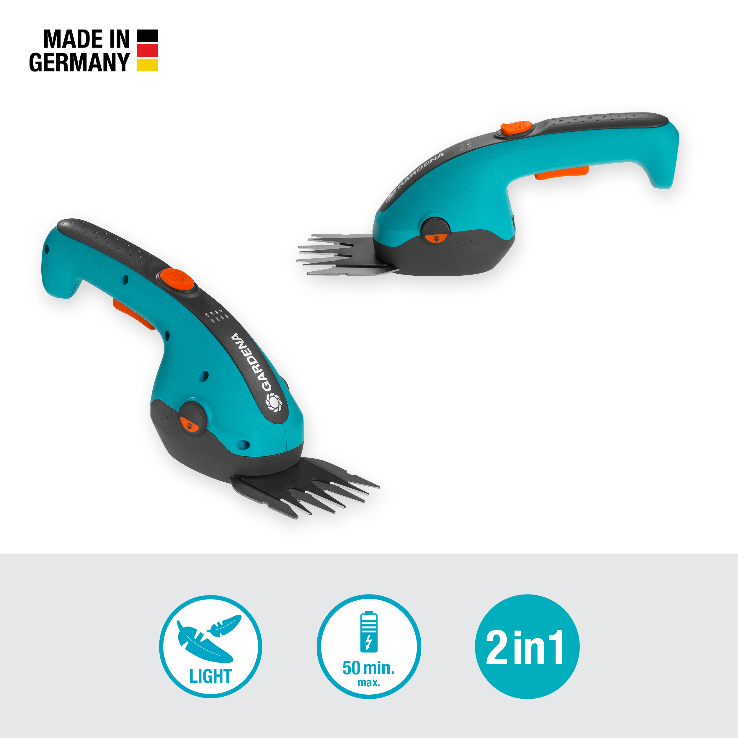 Dwa elektryczne nożyce do trawy. Mają turkusowe uchwyty i czarne ostrza, z pomarańczowymi akcentami.