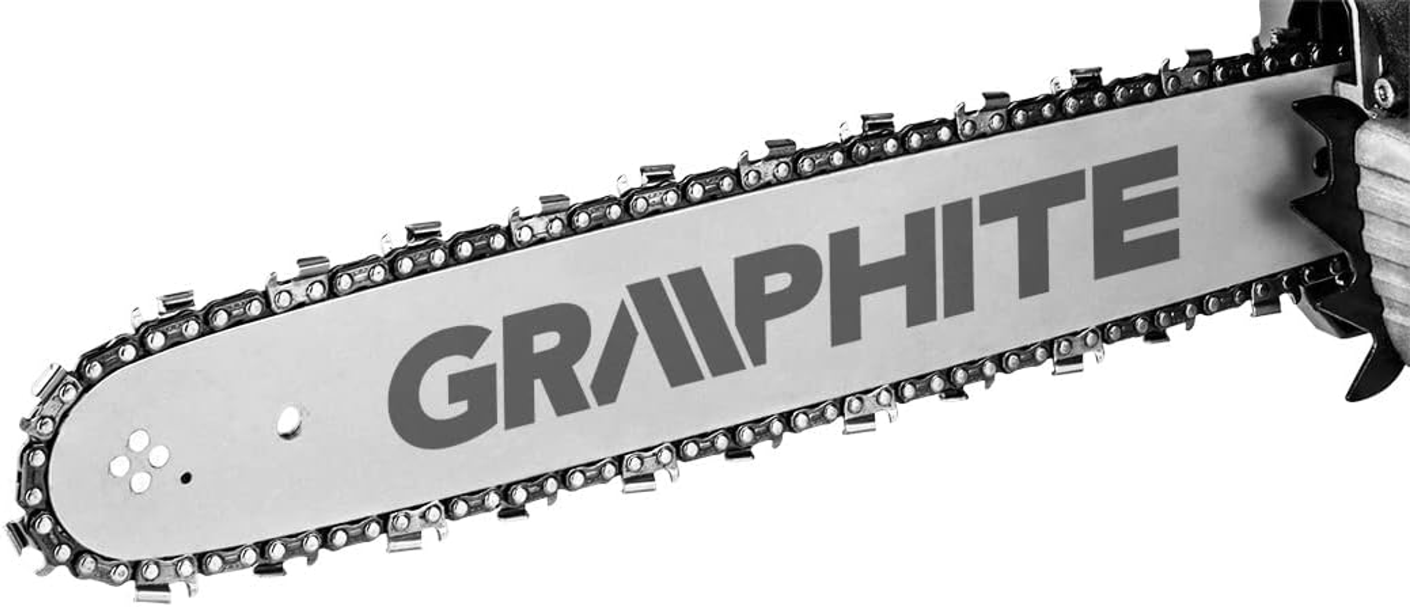 Ein Kettensägenblatt mit dem Wort GRAPHITE darauf.