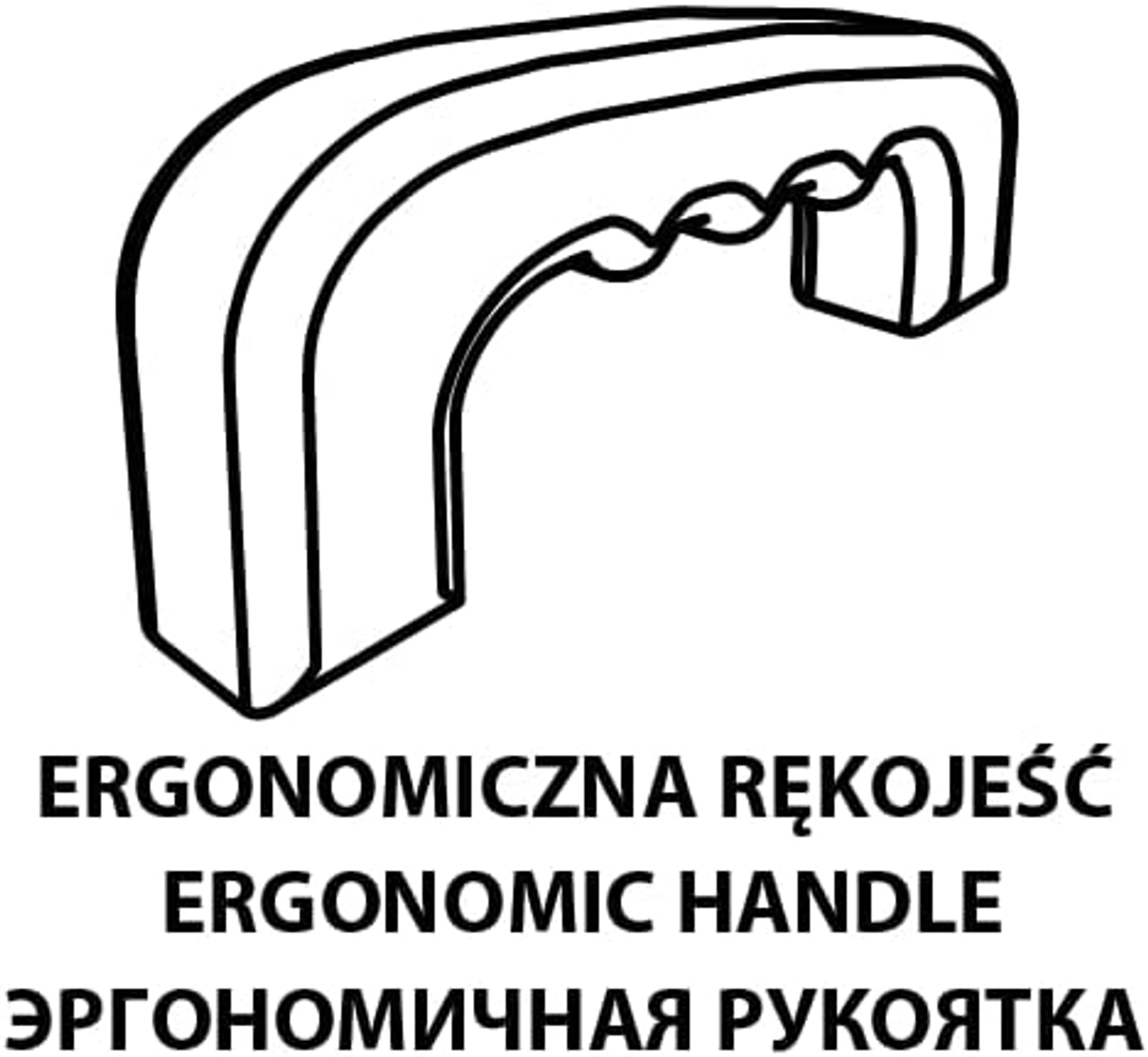 Eine Schwarz-Weiß-Strichzeichnung eines ergonomischen Griffs mit Text darunter in mehreren Sprachen.