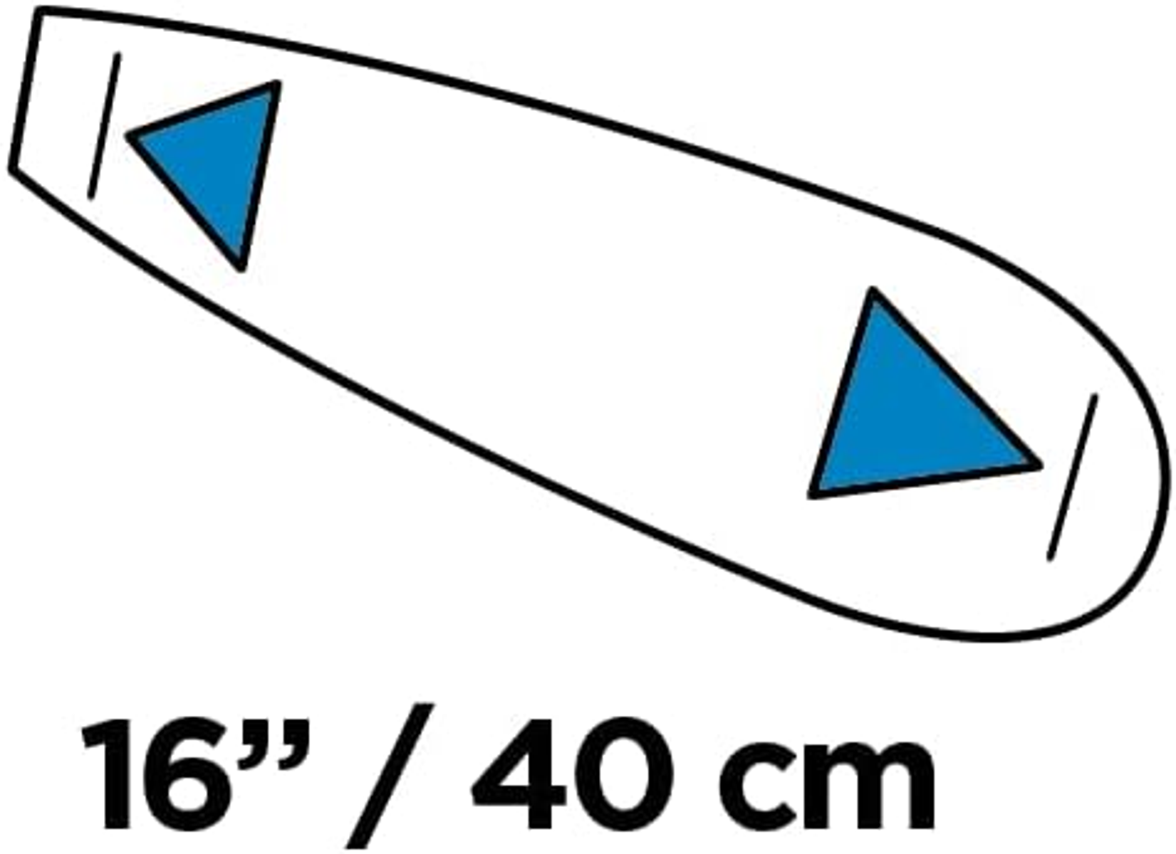 Ein schwarz-weißes Diagramm eines Surfbretts mit blauen Dreiecken und Text: 16" / 40 cm.