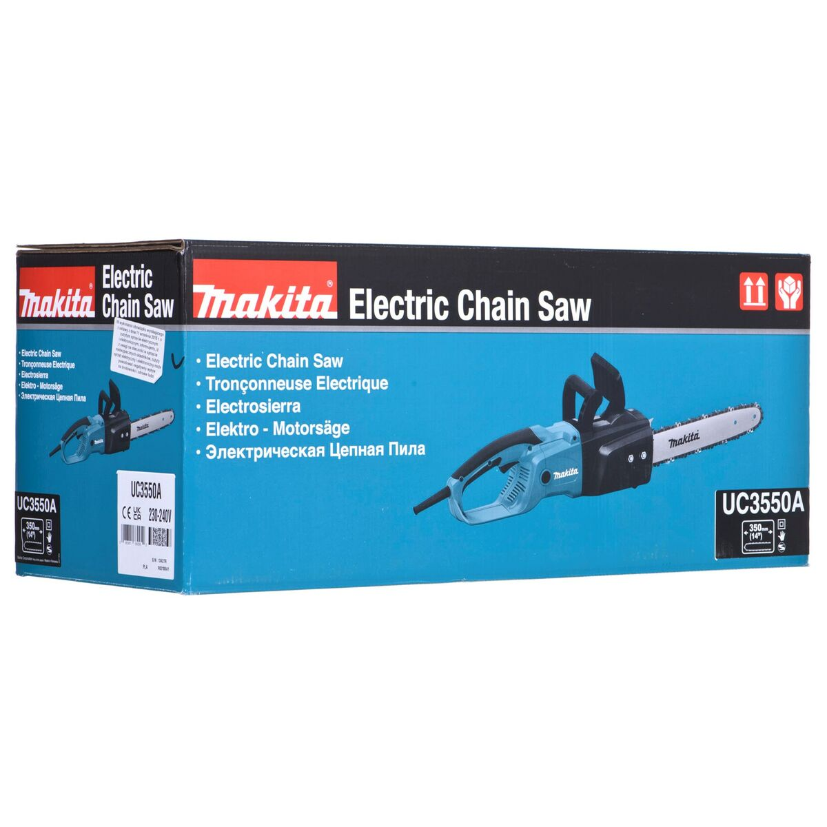 Eine elektrische Kettensäge von Makita in einer blauen Box, mit Text und Bild.