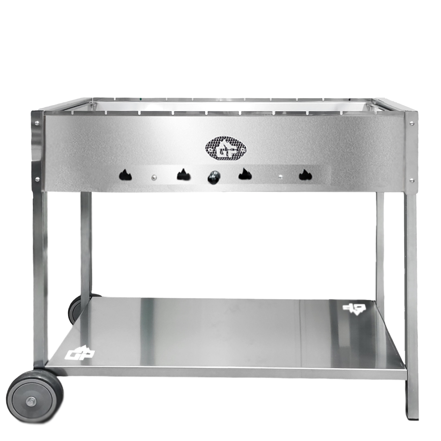 Edelstahlgrill auf Rädern. Er hat ein unteres Regal und ein Markenlogo.