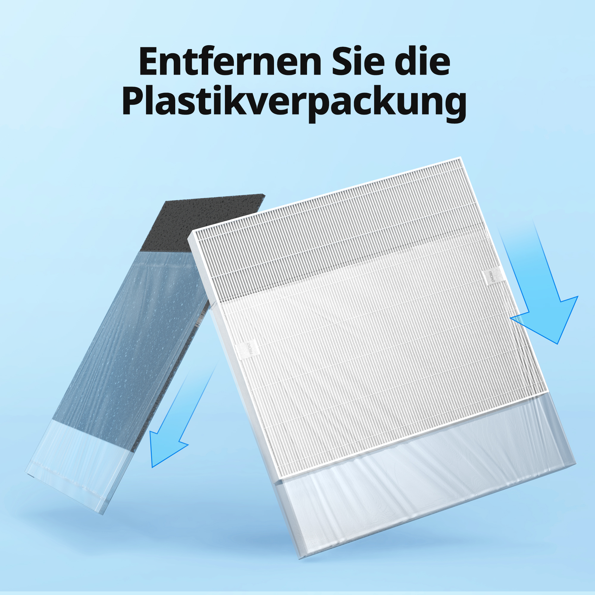 Zwei Filter werden aus der Verpackung genommen. Weißer Filter rechts und ein schwarzer links.