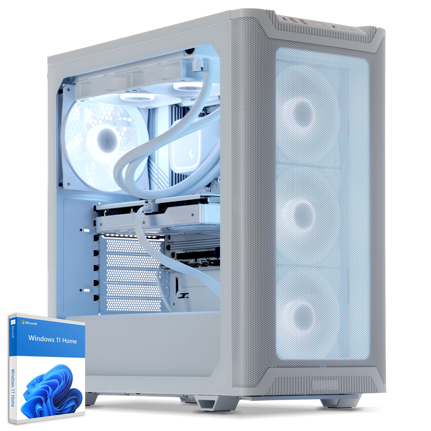 Case per computer bianco con luci blu e una scatola di Windows 11 Home.