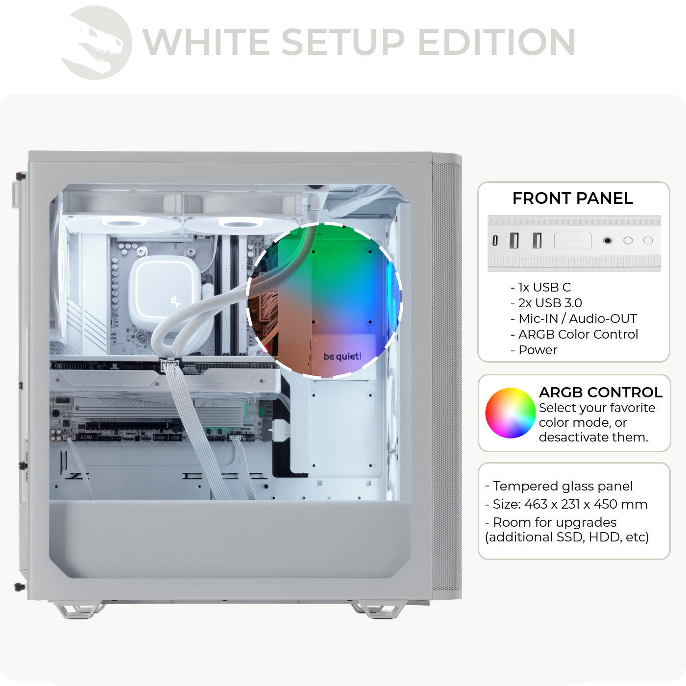 Case per computer bianco con componenti visibili all'interno. Testo e grafica sul case.