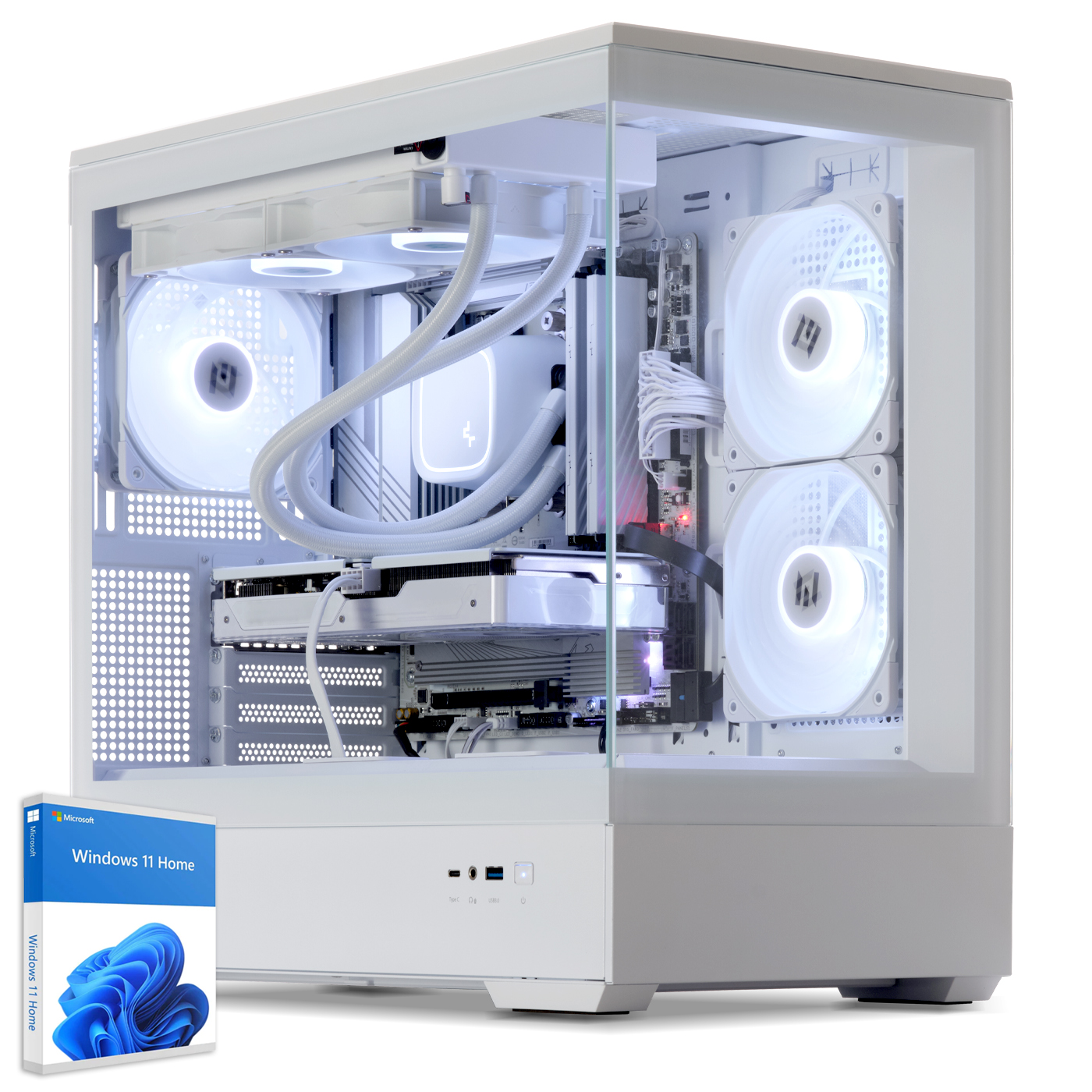 Case per computer bianco. Componenti interni visibili, con scatola Windows 11 Home.