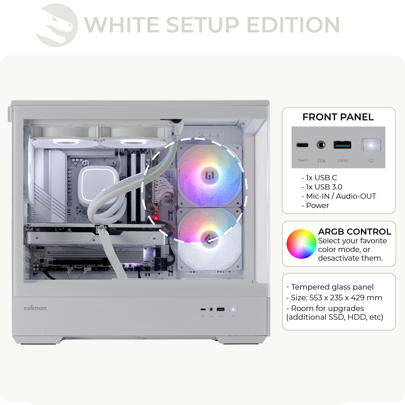 Case per computer bianco con ventole RGB e pannello frontale con porte.