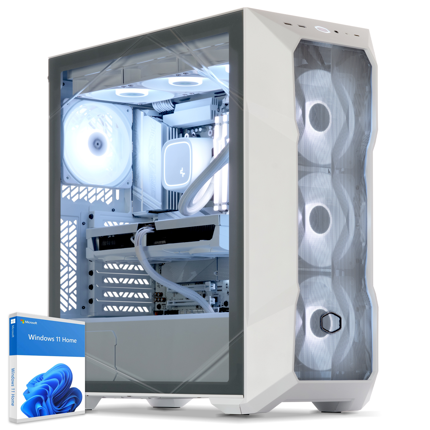 Un case per PC bianco. Ha un pannello laterale in vetro e tre ventole bianche. Accanto c'è una scatola di Windows 11 Home.