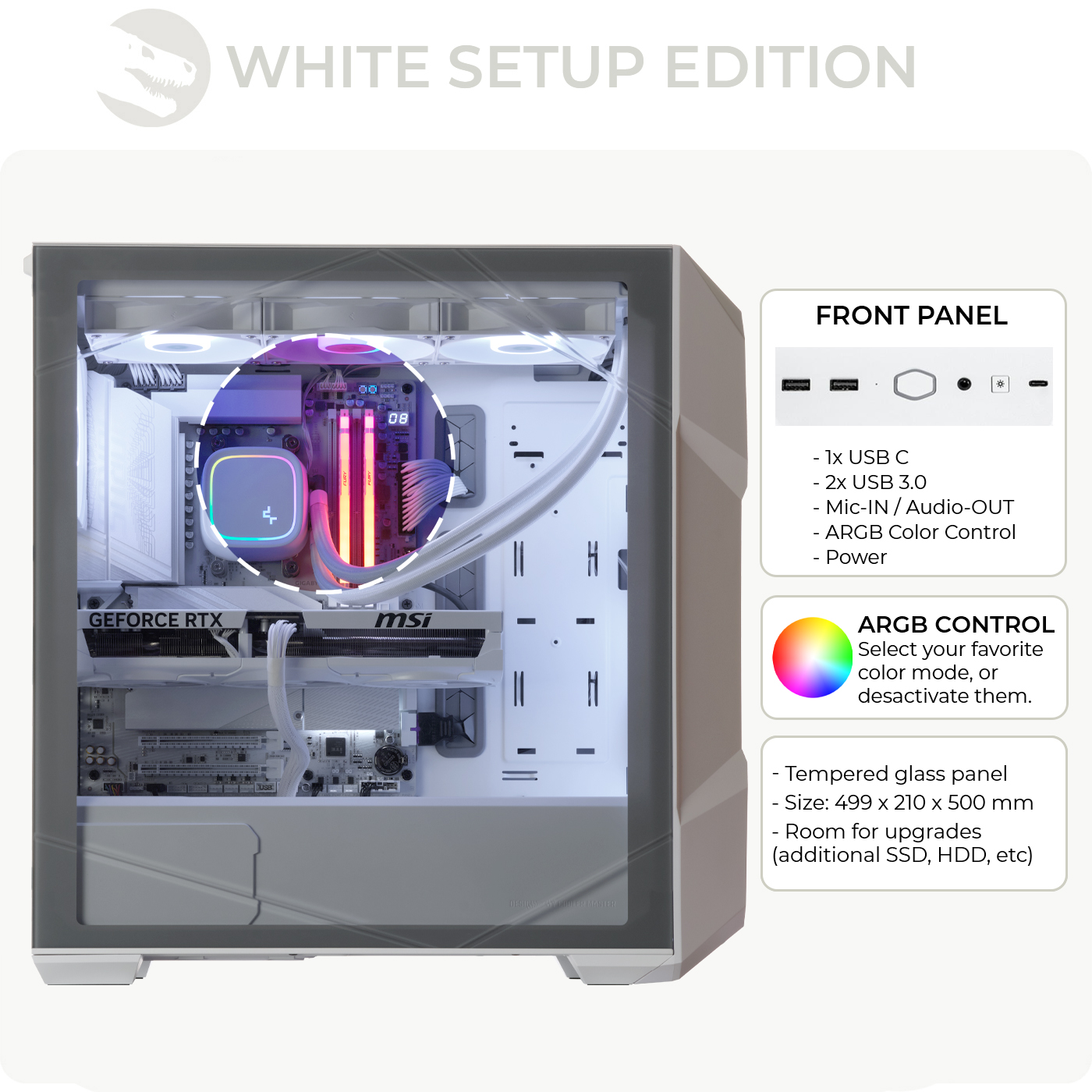 Un case per computer con componenti all'interno, una vista frontale e dettagli di controllo ARGB.