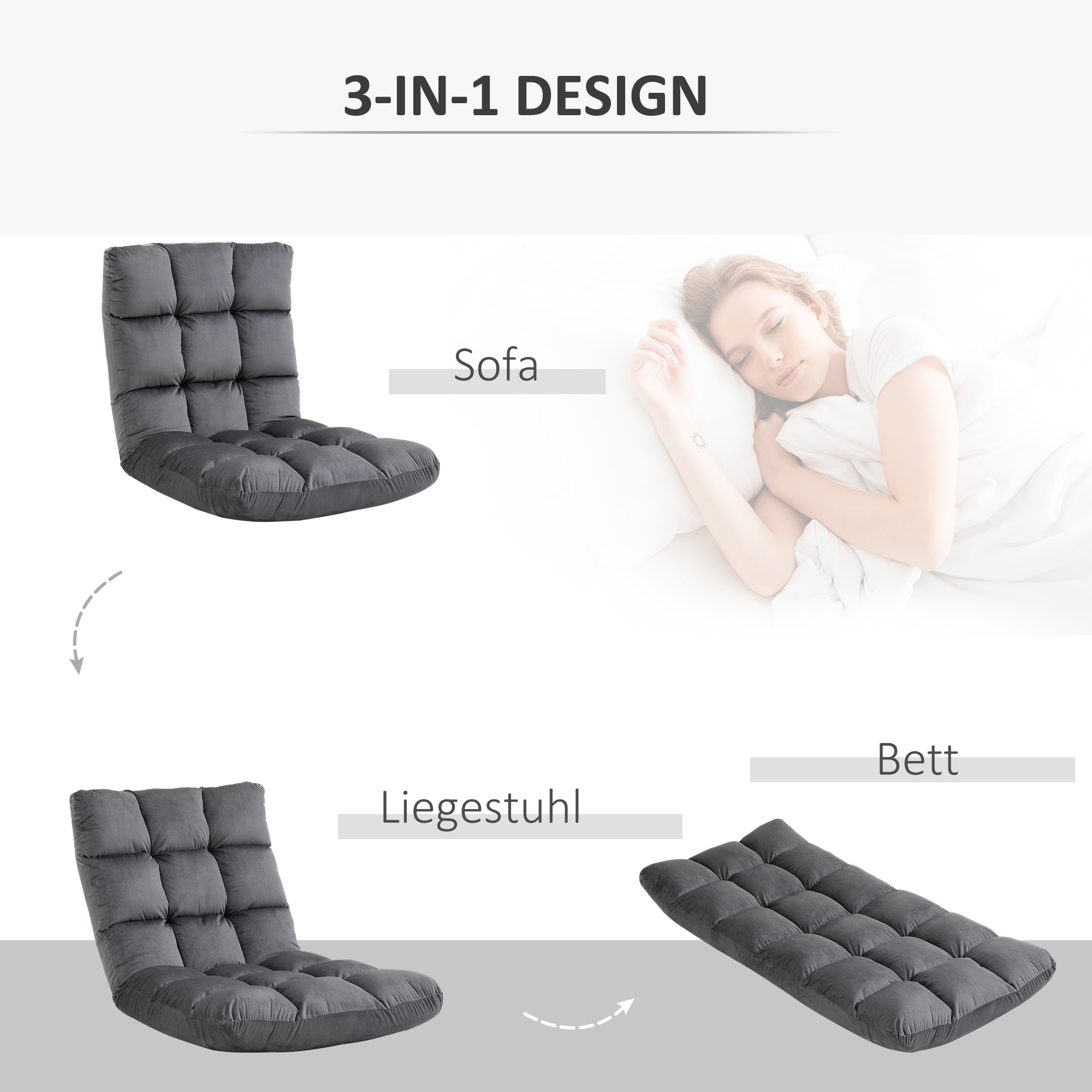 Ein grauer Konvertierstuhl, der sich in ein Sofa, eine Liege und ein Bett verwandelt.