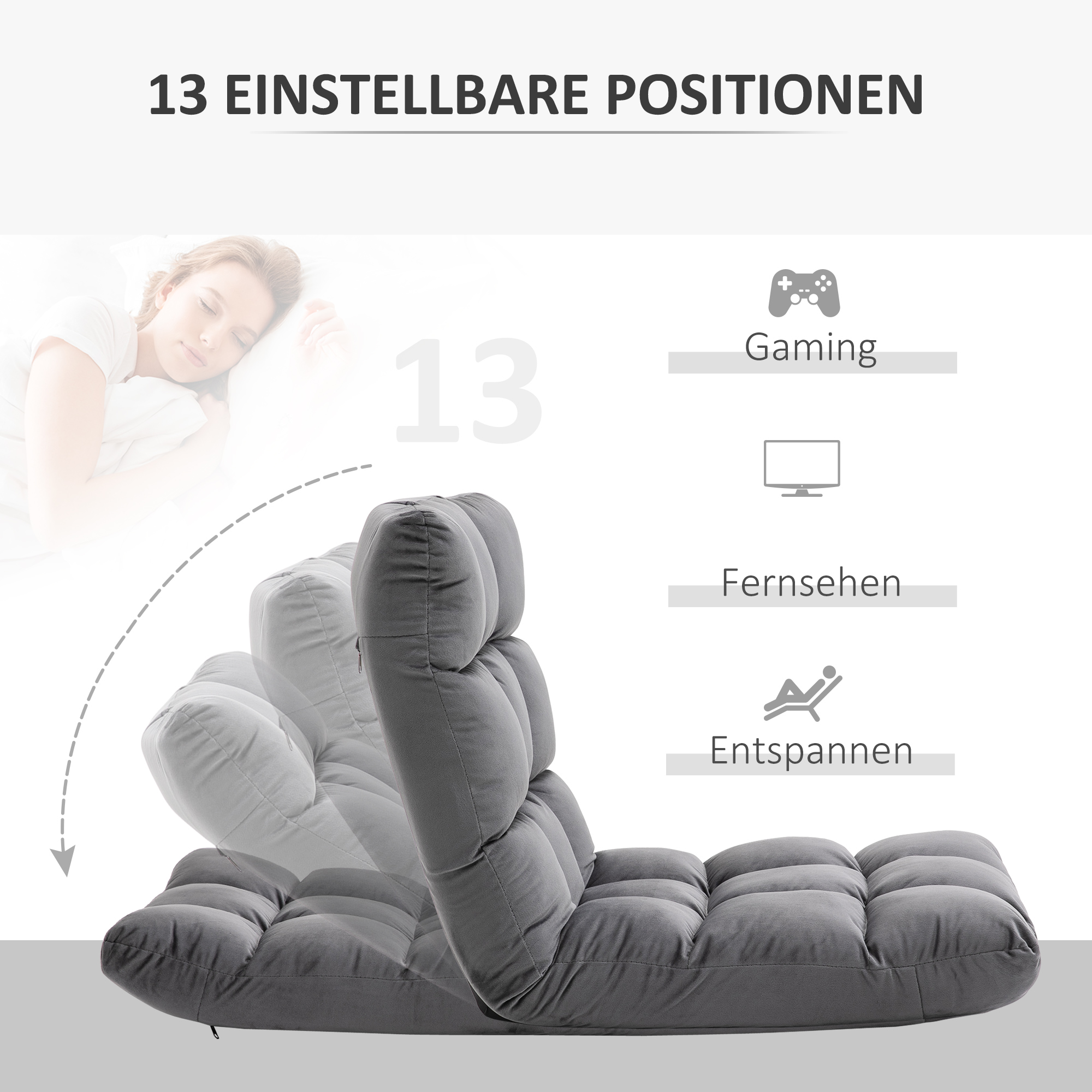 Grauer, verstellbarer Bodenstuhl mit 13 Positionen, illustriert mit Symbolen für Gaming und Entspannung.