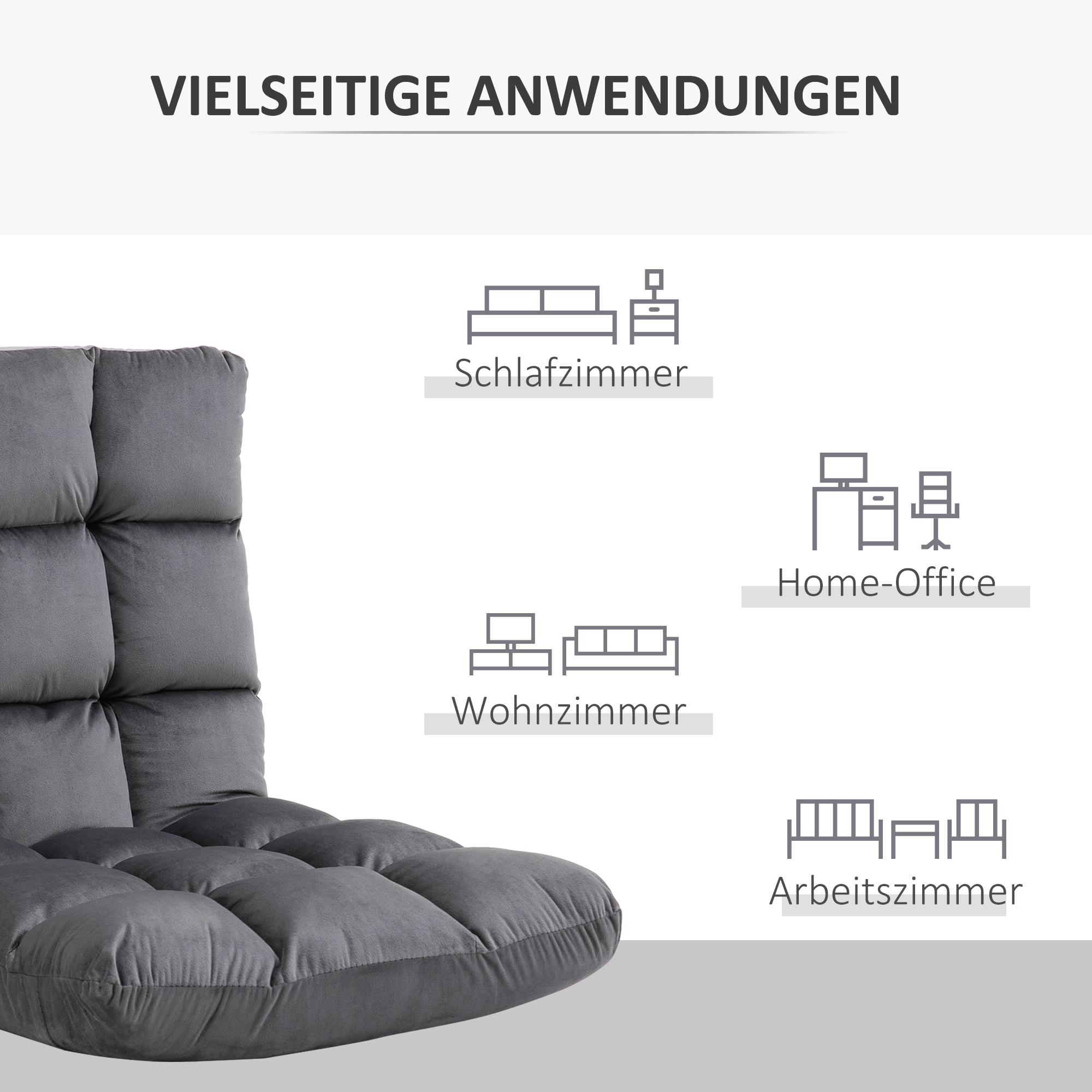 Grauer gepolsterter Stuhl neben Diagrammen, die verschiedene Raumanwendungen anzeigen.