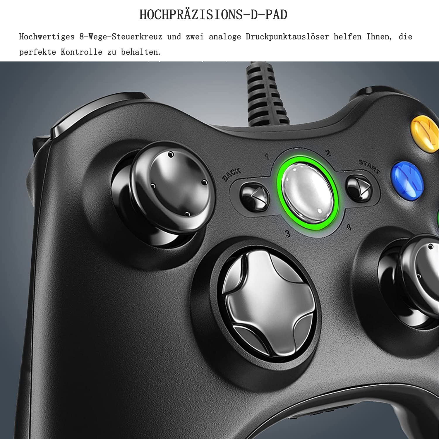 Nahaufnahme eines schwarzen Gamecontrollers mit Tasten und einem grün leuchtenden Kreis.