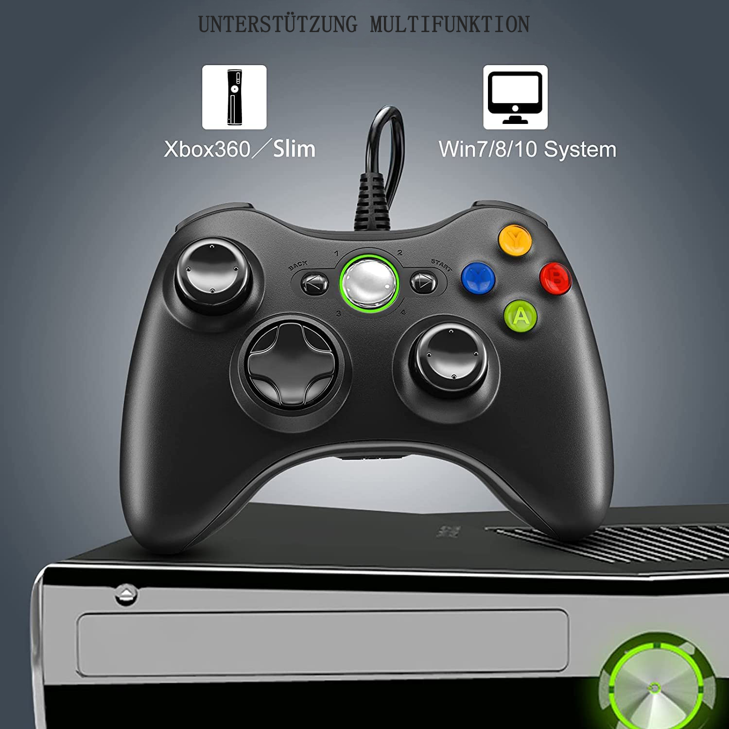 Schwarzer Xbox 360-Controller auf Konsole. Symbole zeigen Kompatibilität an.