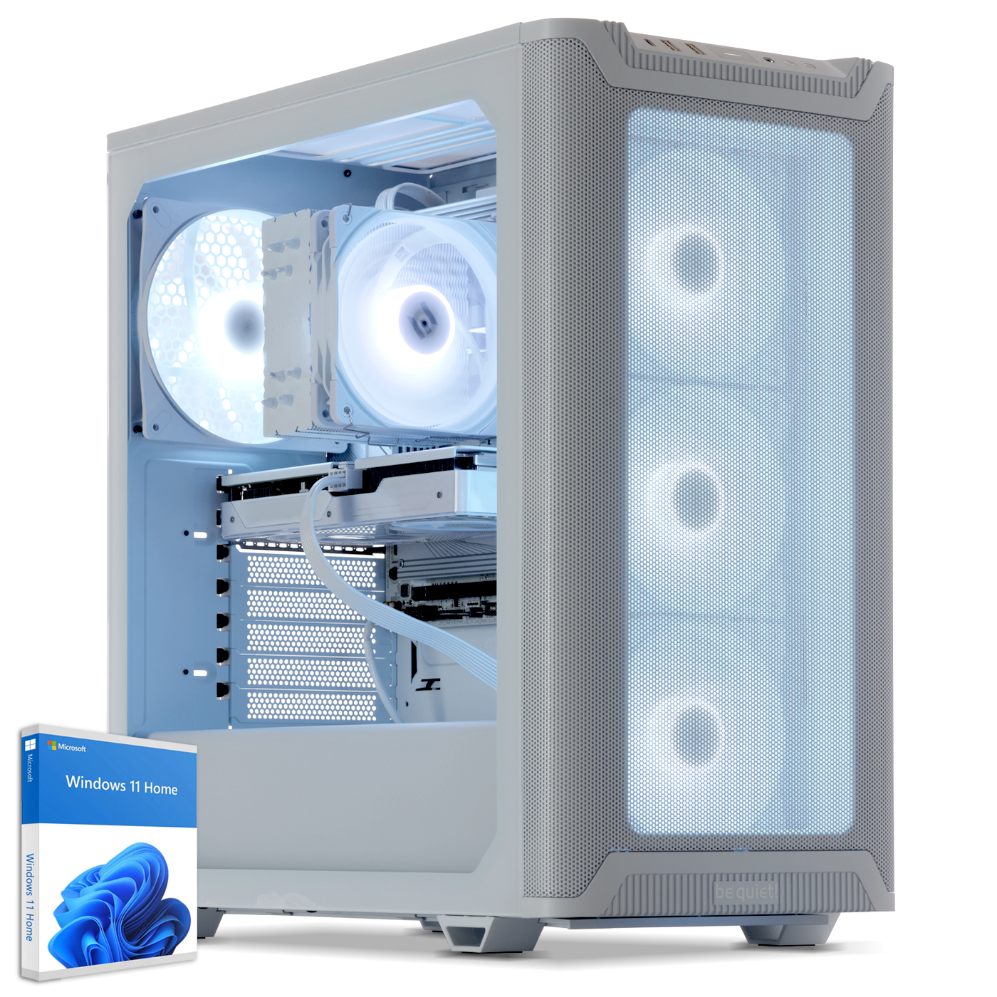 Case per computer bianco con componenti interni e scatola Windows 11 Home, isolato.