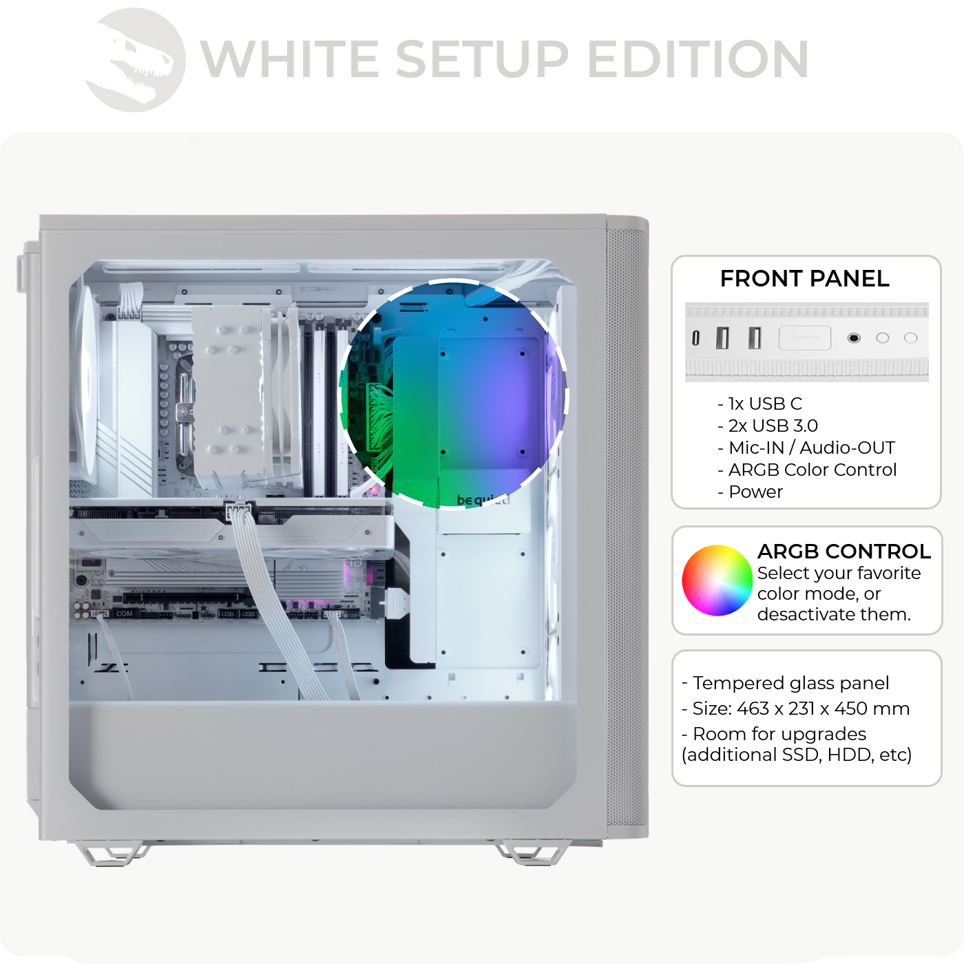 Case per computer bianco con pannello laterale trasparente. All'interno, luci e componenti colorati.