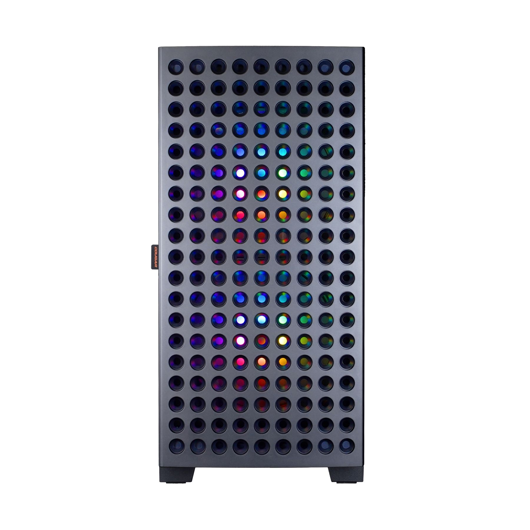 Ein Computergehäuse mit vielen bunten, beleuchteten Löchern. Schwarzer Sockel.