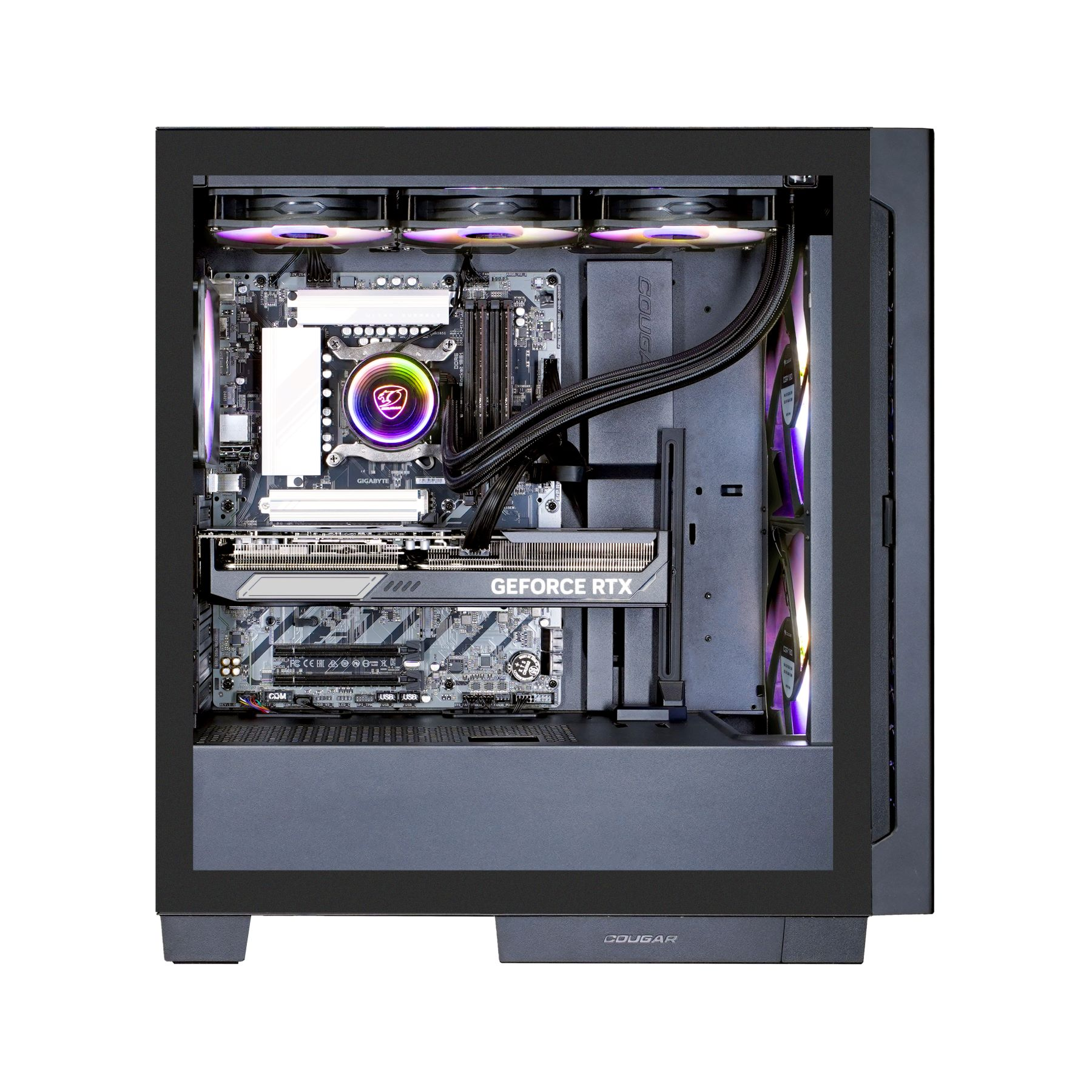 Ein Computergehäuse mit sichtbaren Komponenten: Mainboard, GPU und Lüfter.