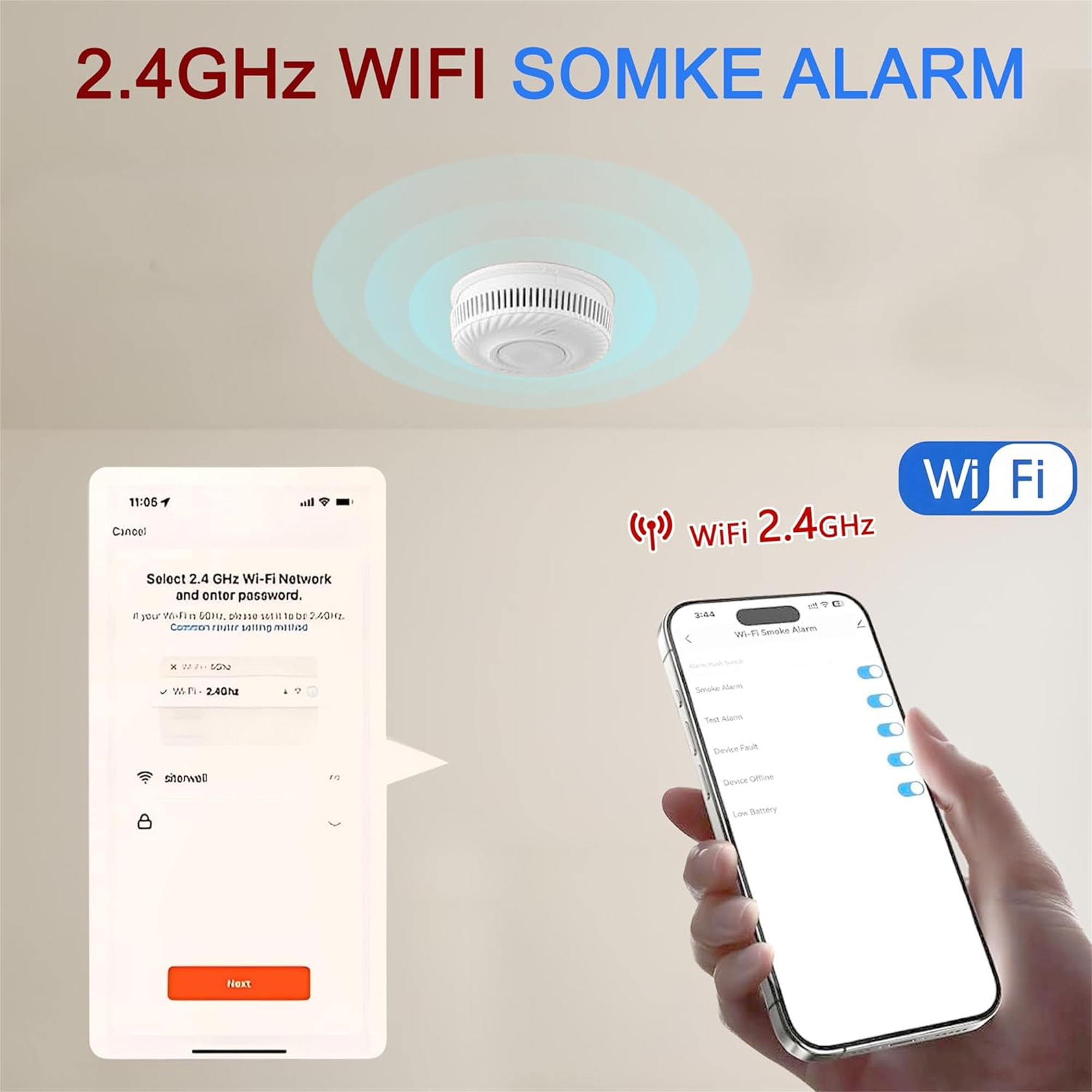 Ein weißer WLAN-Rauchmelder mit einem Telefon, das die App-Steuerung zeigt, neben einem Telefon mit WLAN-Einrichtung.