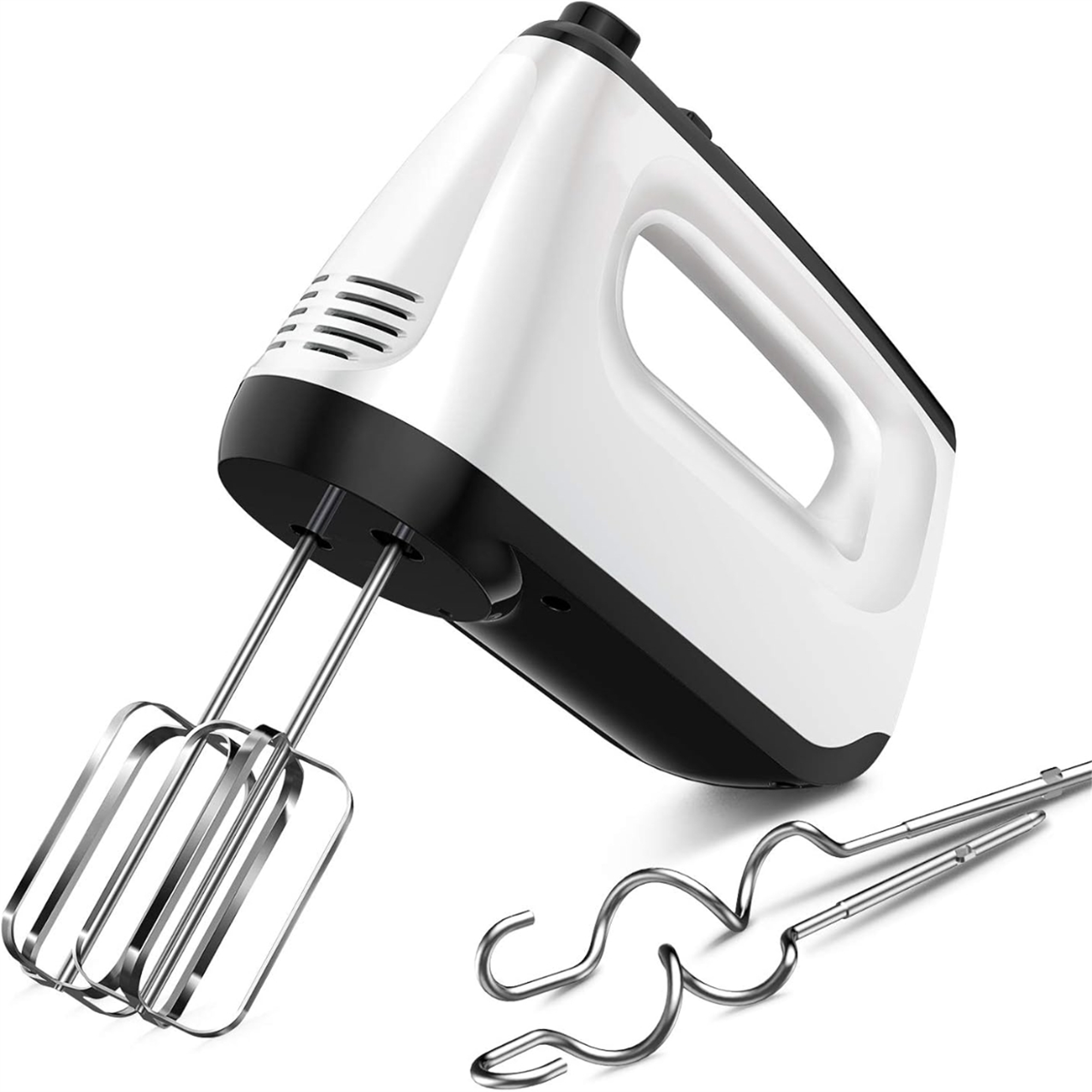 Weißer und schwarzer Handmixer mit Rührbesen und Knethaken.