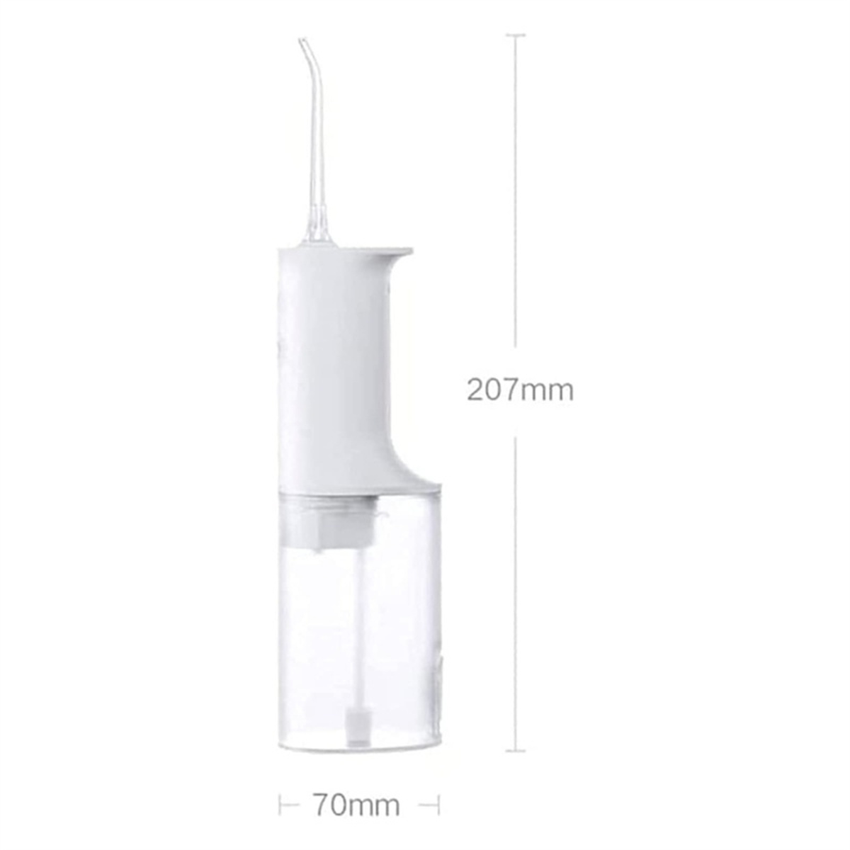 Ein weißer Wasserflosser mit einem transparenten Wasserbehälter. Abmessungen sind daneben.
