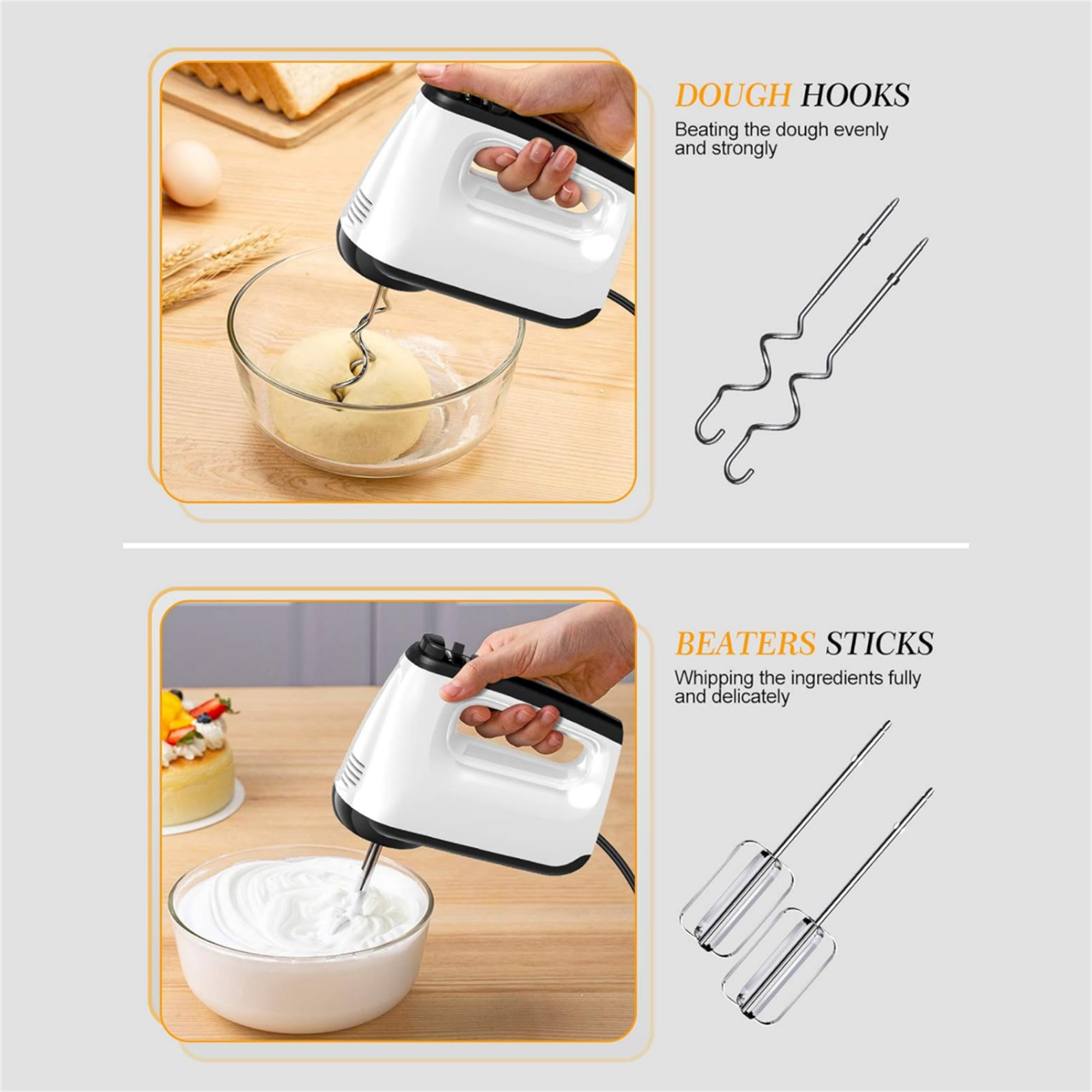 Ein weißer Handmixer mit Knethaken und Rührstäben, mit Zutaten in Schüsseln.