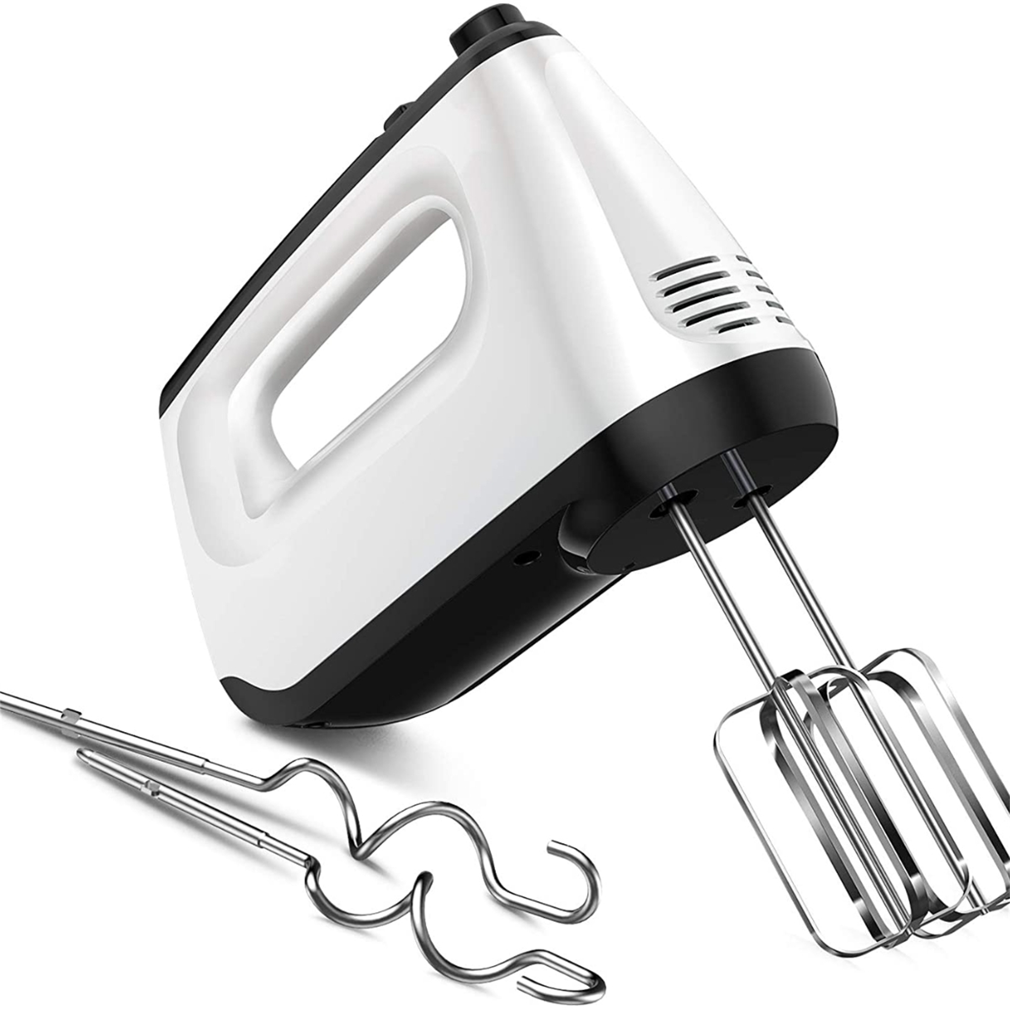 Ein weißer und schwarzer Handmixer mit einem Satz Schneebesen und Knethaken.