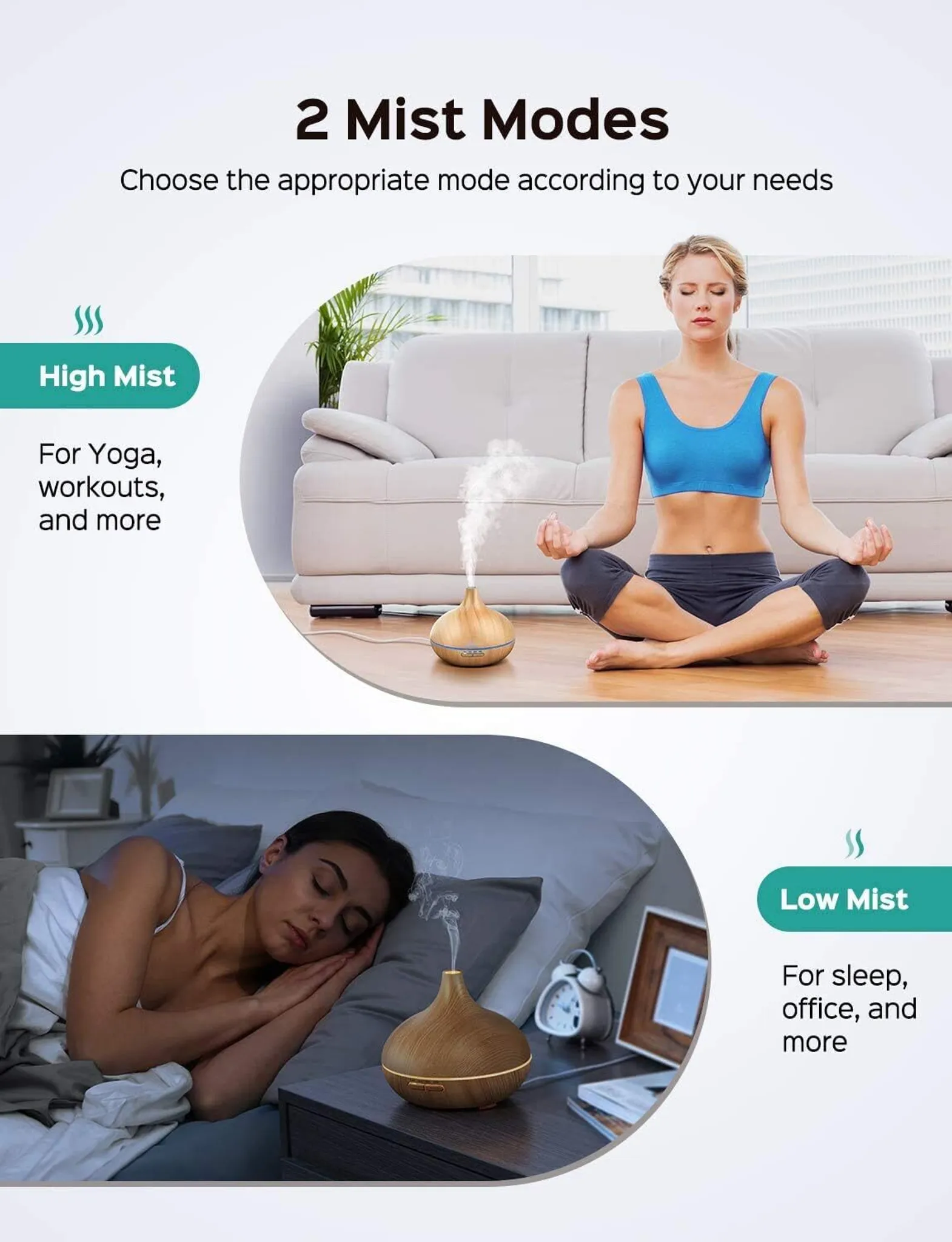 Frau in Yoga-Pose und eine schlafende Frau mit Diffusor.