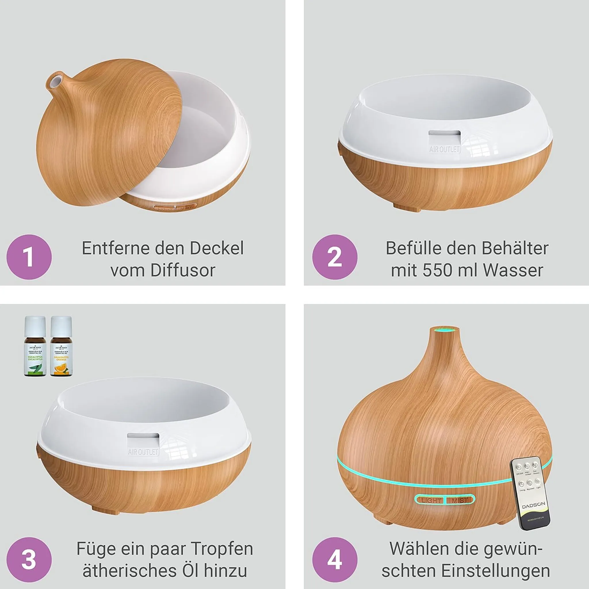 Vier Schritte zur Verwendung eines ätherischen Öldiffusors: Deckel öffnen, Wasser hinzufügen, Öl hinzufügen, Einstellungen wählen.