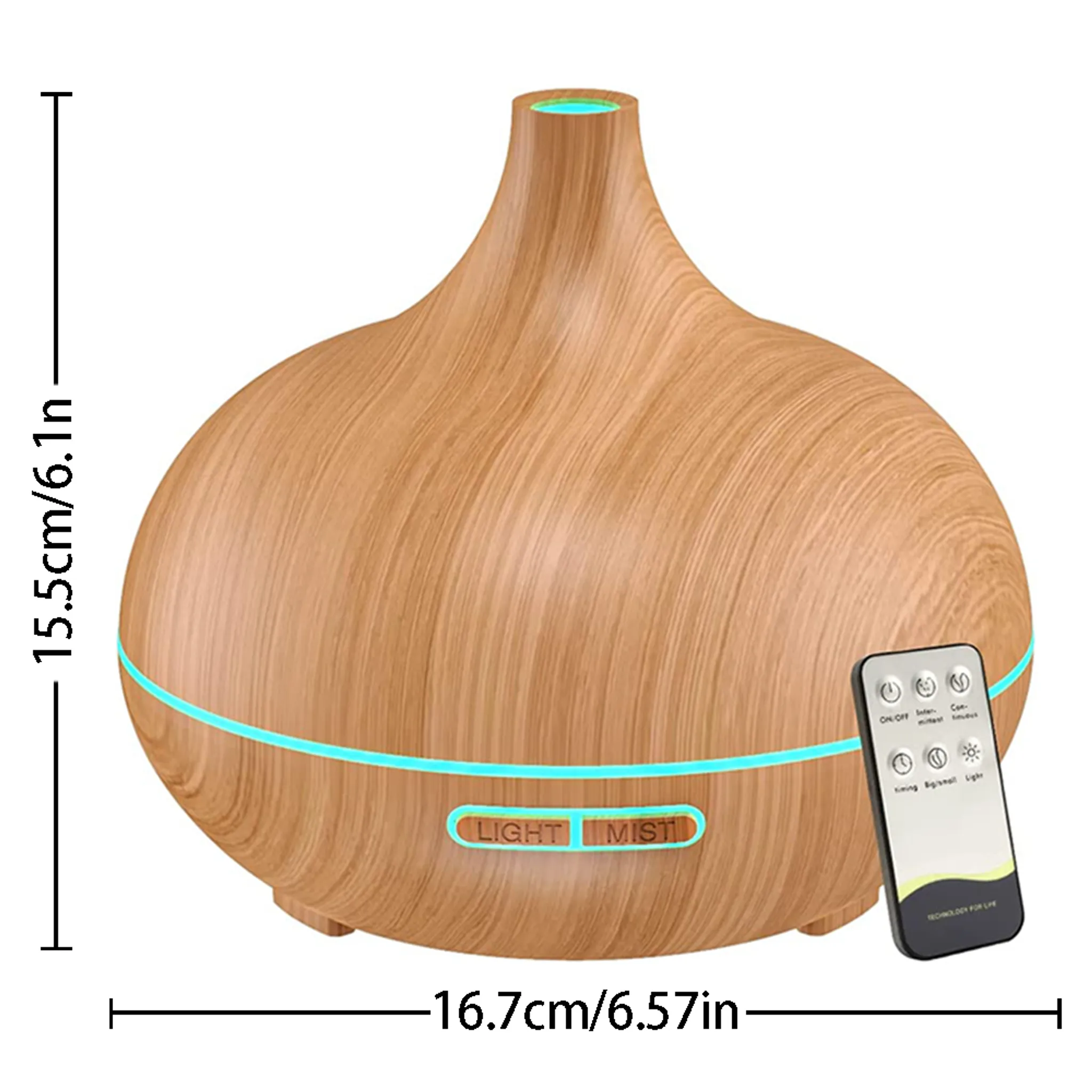 Ein brauner Diffusor für ätherische Öle in Holzoptik mit Fernbedienung. Abmessungen: 15,5 cm/6,1 Zoll x 16,7 cm/6,57 Zoll.