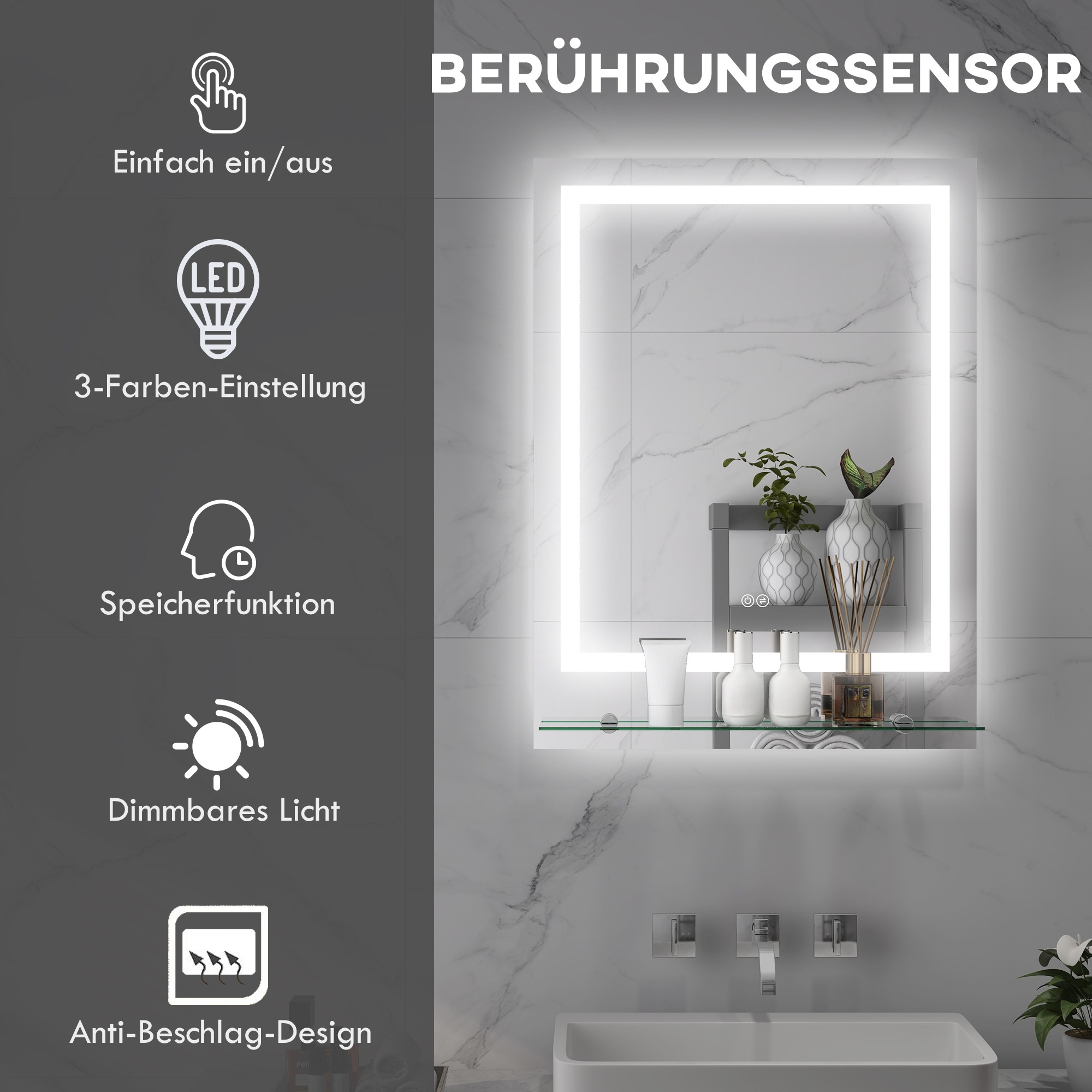 Badezimmerspiegel mit Lichtern, Regal mit Vasen und Flaschen. Symbole für Funktionen sind sichtbar.