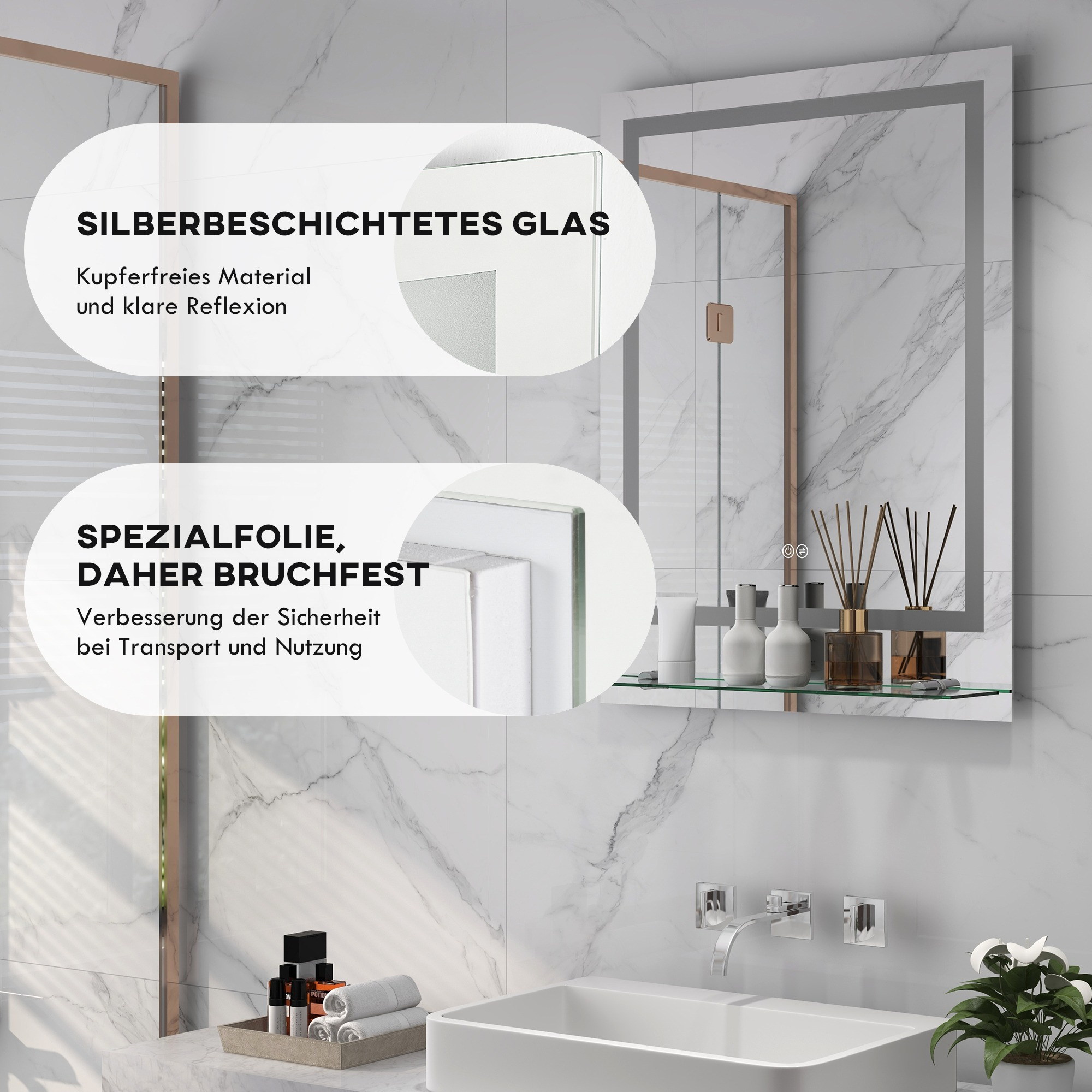 Ein Spiegel in einem Badezimmer mit Textblasen. Er hat Silberglas.