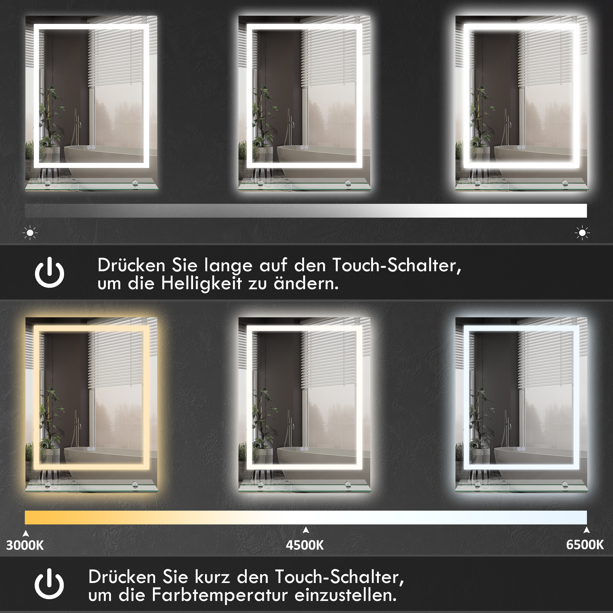 Badezimmerspiegel mit verschiedenen Lichteinstellungen. Zeigt helle, kühle und warme Weißoptionen.