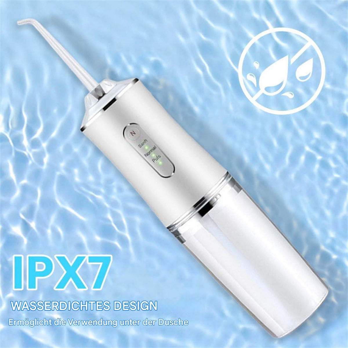 Ein weißer Wasserflosser mit blauem Wasserhintergrund und IPX7-Text.