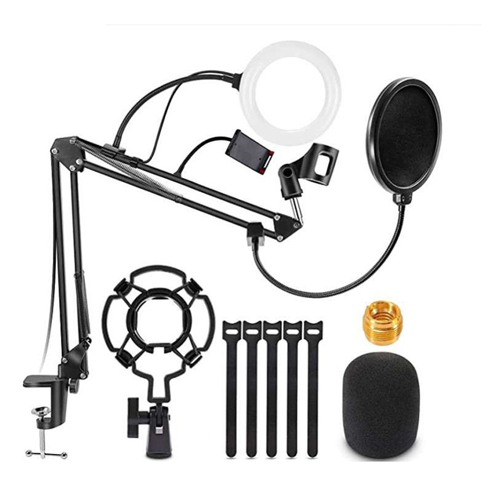 Ein komplettes Set eines Mikrofons mit Ringlicht und anderem Zubehör.