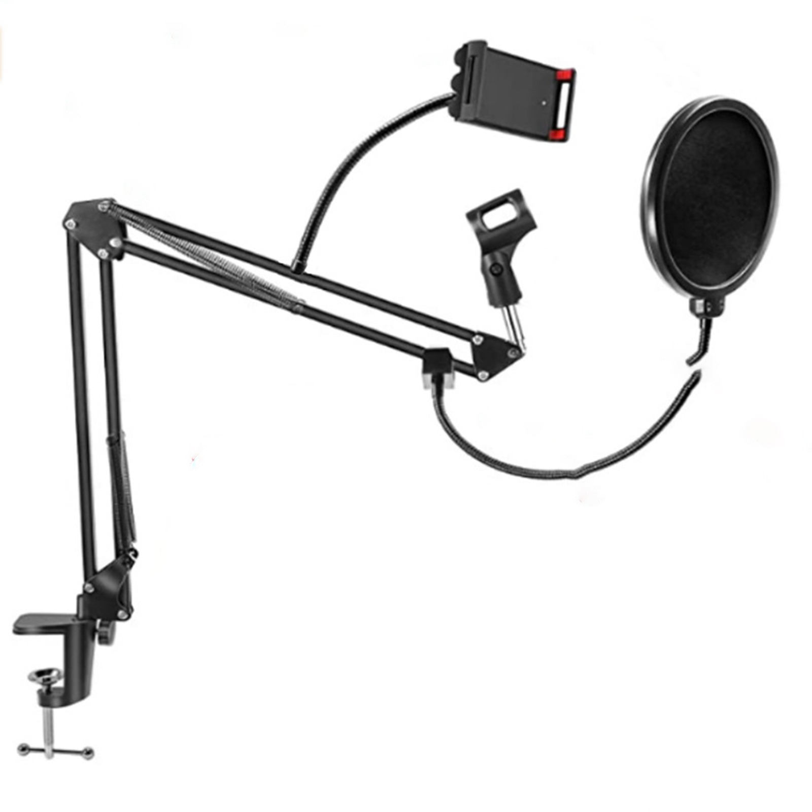Schwarzer Mikrofonständer mit Telefonhalter und Pop-Filter, bereit für Aufnahmen.