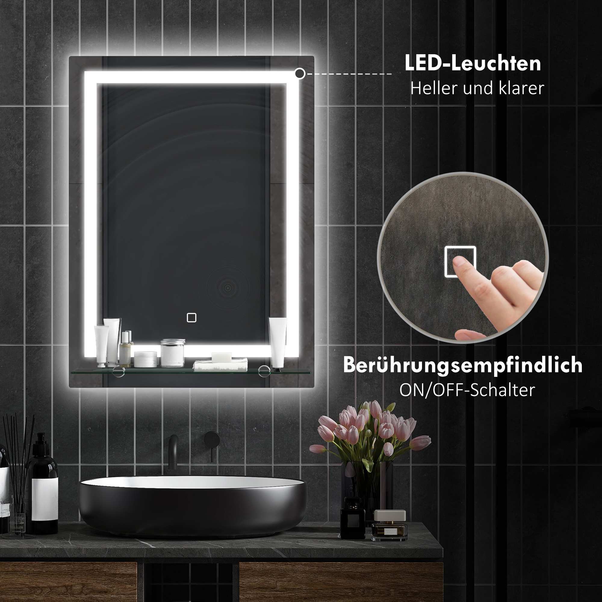 Ein Spiegel mit LED-Leuchten und einem Touch-Schalter, über einem schwarzen Waschbecken und Blumen.