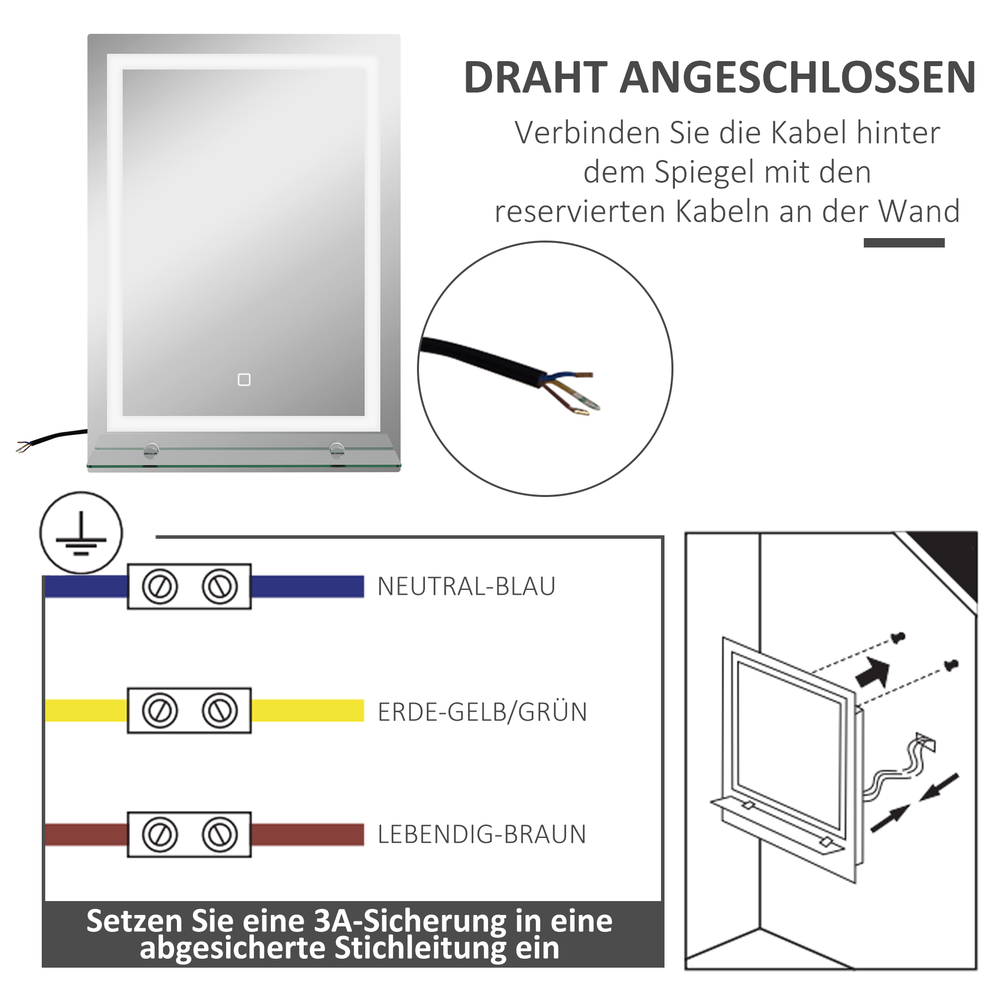 Ein rechteckiger Spiegel mit hellem Rand. Darunter erklären Schaltpläne die Verbindungen mit Beschriftungen.