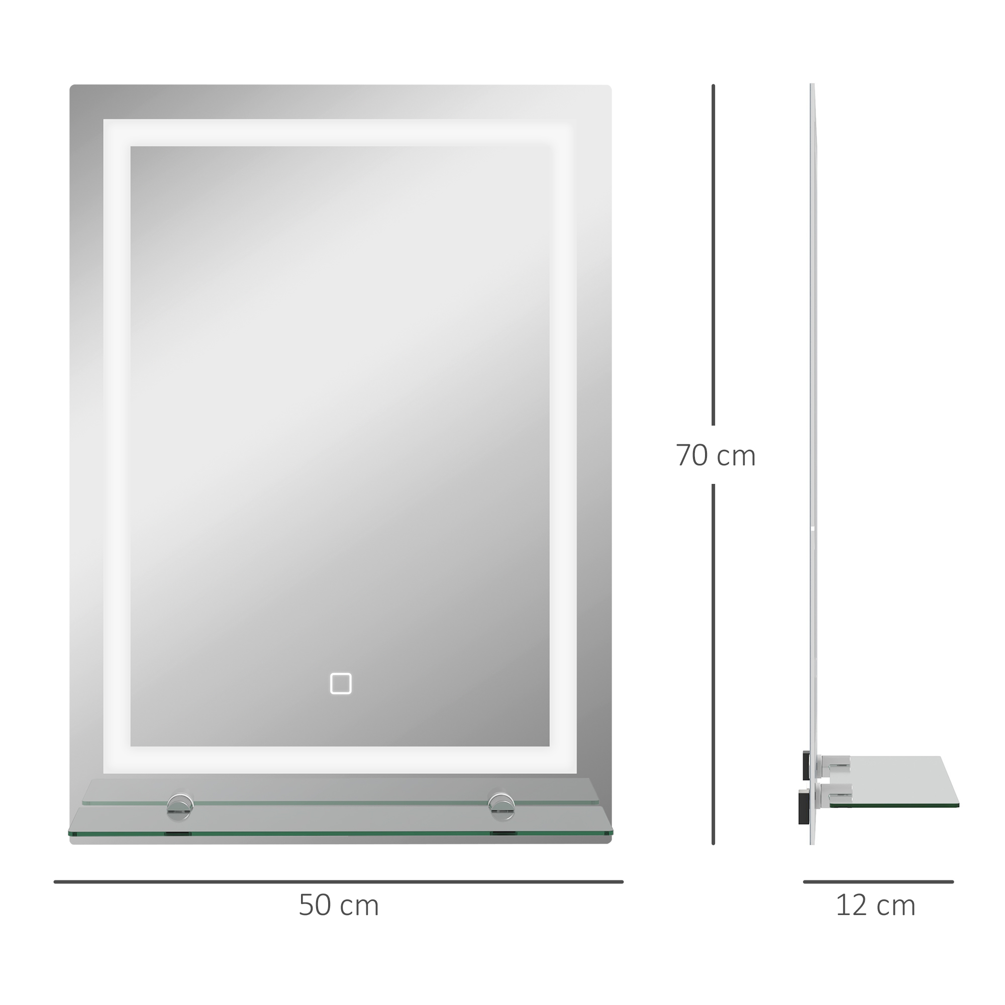 Ein rechteckiger Spiegel mit Ablage, Maße: 70 cm x 50 cm x 12 cm.