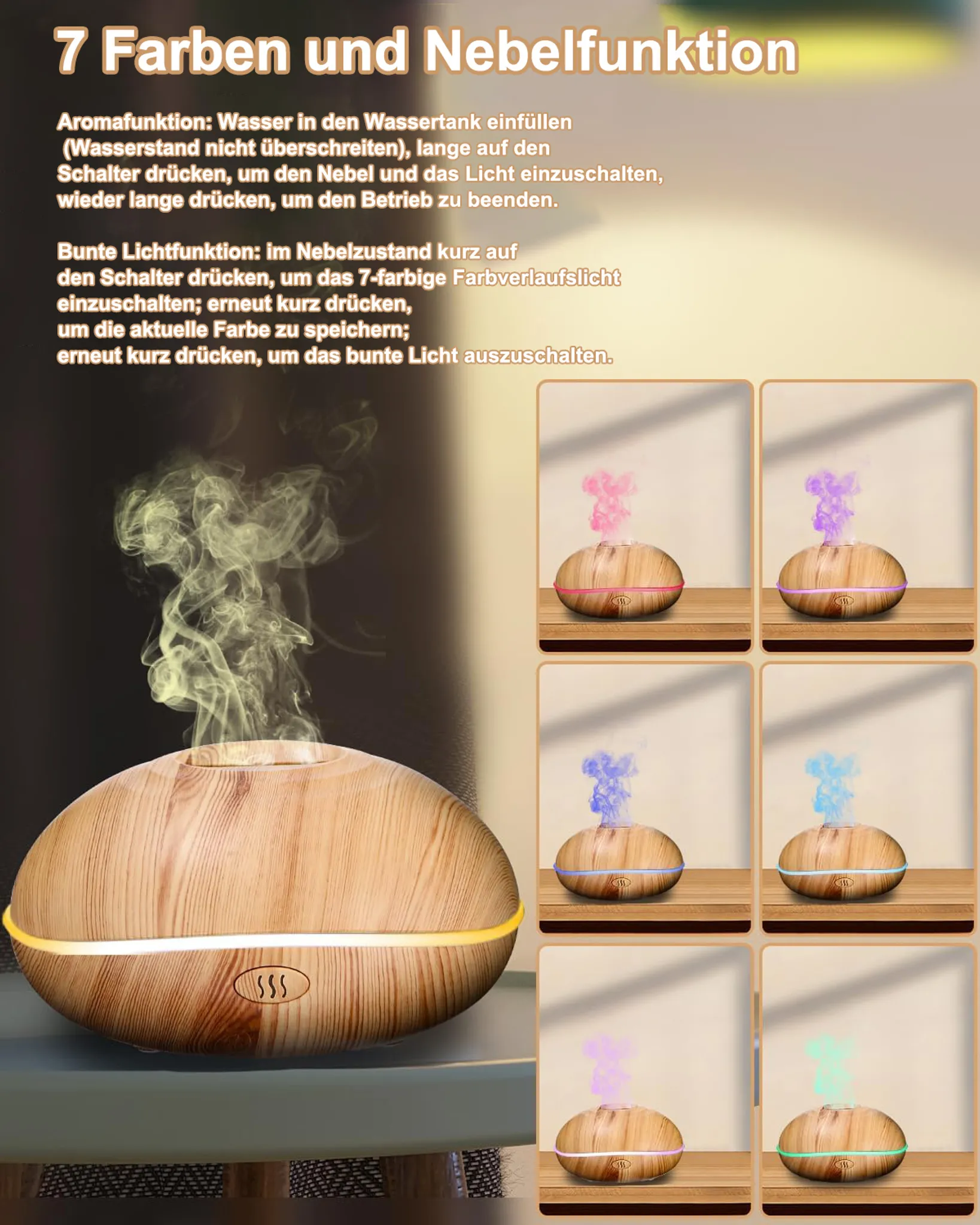 Ein Aroma-Diffusor aus Holz mit bunten Lichtern und Nebel, der verschiedene Lichteinstellungen zeigt.