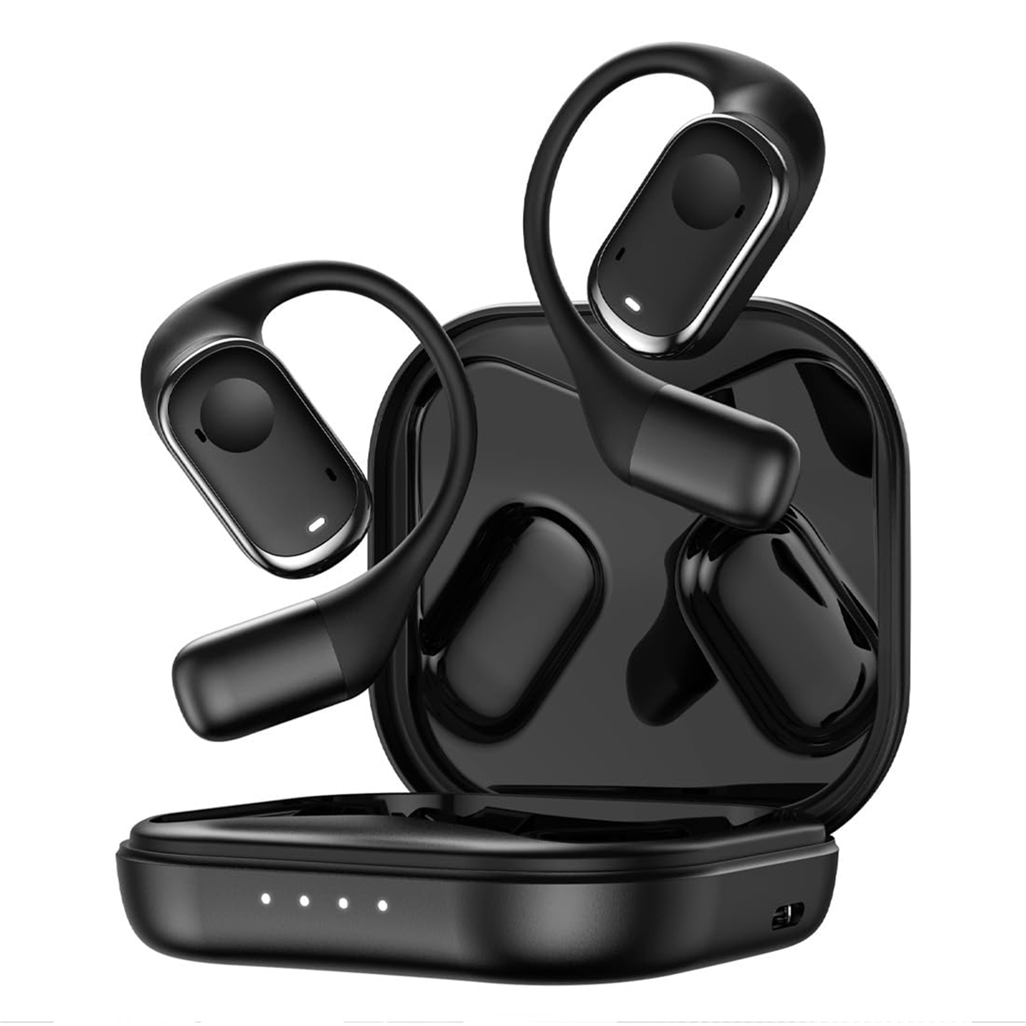 Schwarze kabellose Ohrhörer in einem Ladecase. Die Ohrhörer haben Over-Ear-Haken.