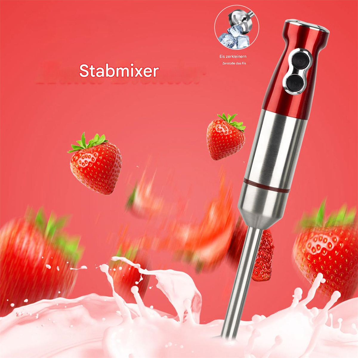 Roter Stabmixer mit Erdbeeren und einem Spritzer Milch.